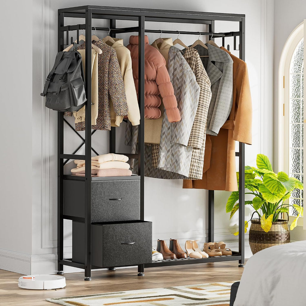 Lulive Clothes Rack with 2 Rods, Shelves, Drawers & Hooks, Garment Rack | Clothes rack with 2 hanging rods (50lbs each), 2 shelves, 2 fabric drawers & 4 hooks. 300lb total capacity. Fits small spaces