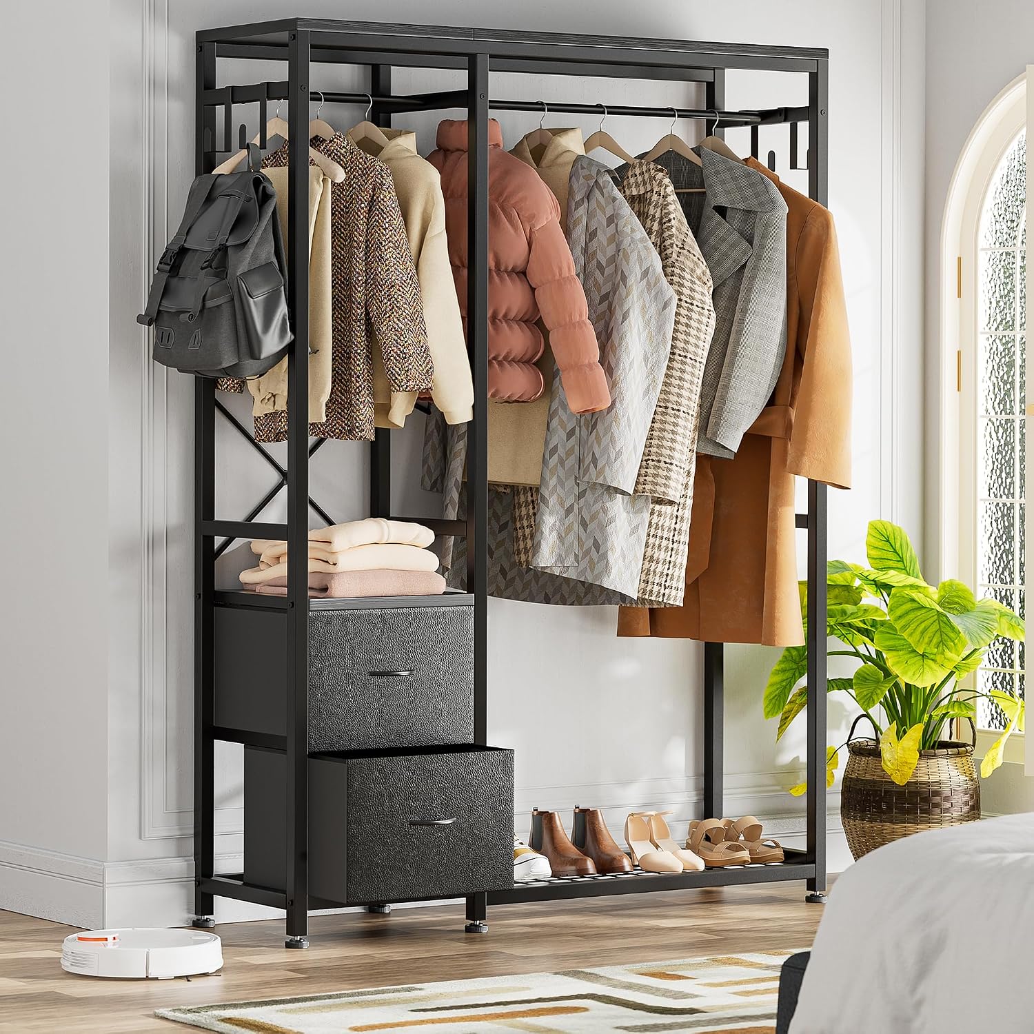 Lulive Clothes Rack with 2 Rods, Shelves, Drawers & Hooks, Garment Rack | Clothes rack with 2 hanging rods (50lbs each), 2 shelves, 2 fabric drawers & 4 hooks. 300lb total capacity. Fits small spaces