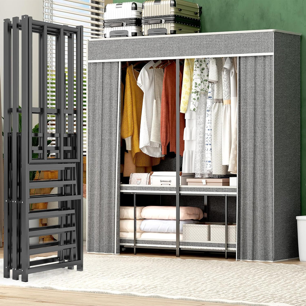 Umeiga Heavy Duty Portable Closet with Cover 1200Ibs Foldable Covered Clothes Rack for Hanging Armoire Wardrobe Closet System Freestanding Coat Storage Garment Racks (168cm/66in Gray)