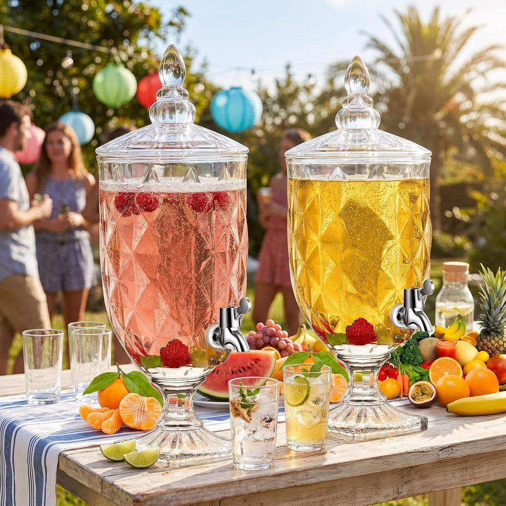 Bokon 2 Pieces 1.3 Gallon Drink Dispensers for Parties Crystal Iced Beverage Dispenser with Stand and Spigot, Glass Liquid Containers Wide Mouth Beverage Server for Juice Tea Wedding(Delicate)