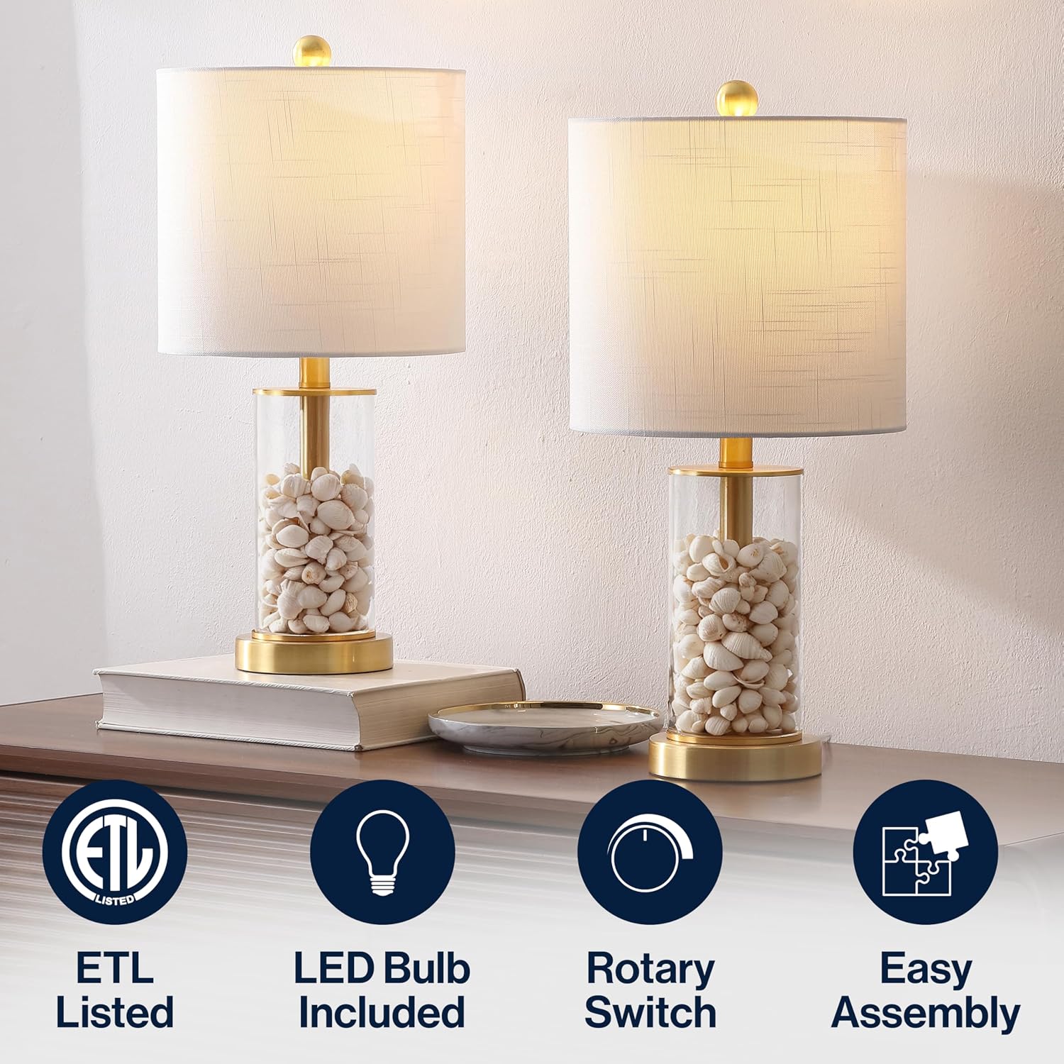 JONATHAN Y 20.5' Brass Gold Fillable Glass Table Lamp Set of 2, Modern Nightstand Lamps for Living Room Bedroom Office, White Linen Shade, LED Bulbs Included (JYL8508B-SET2)