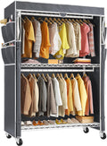 Raybee Rolling Clothes Rack with Cover, Clothing Racks for Hanging Clothes, Heavy Duty Portable Closet with Adjustable Shelves, Garment Rack for Bedroom, Tool-Free Assembly, Max Load 440LBS, White
