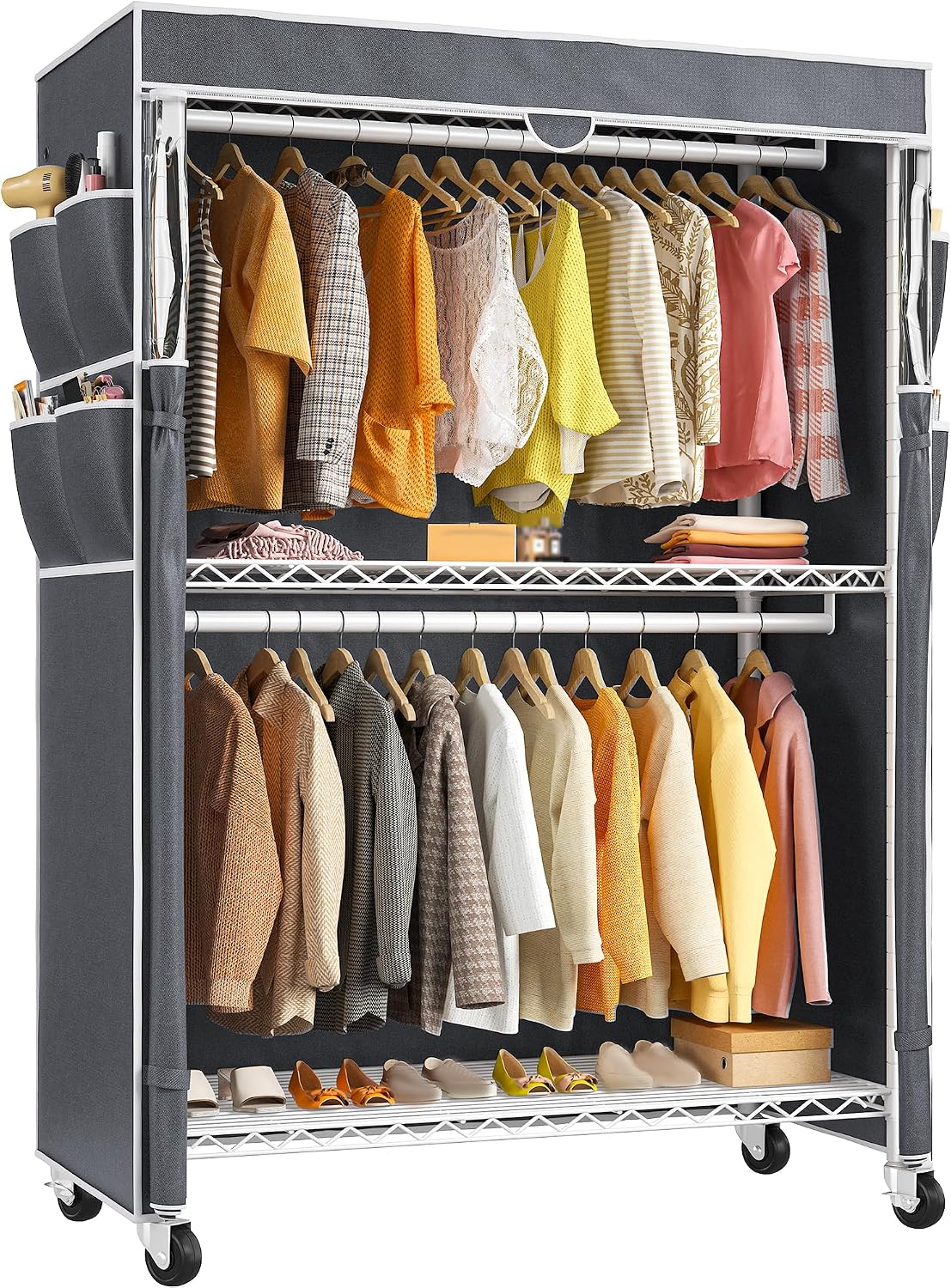 Raybee Rolling Clothes Rack with Cover, Clothing Racks for Hanging Clothes, Heavy Duty Portable Closet with Adjustable Shelves, Garment Rack for Bedroom, Tool-Free Assembly, Max Load 440LBS, White