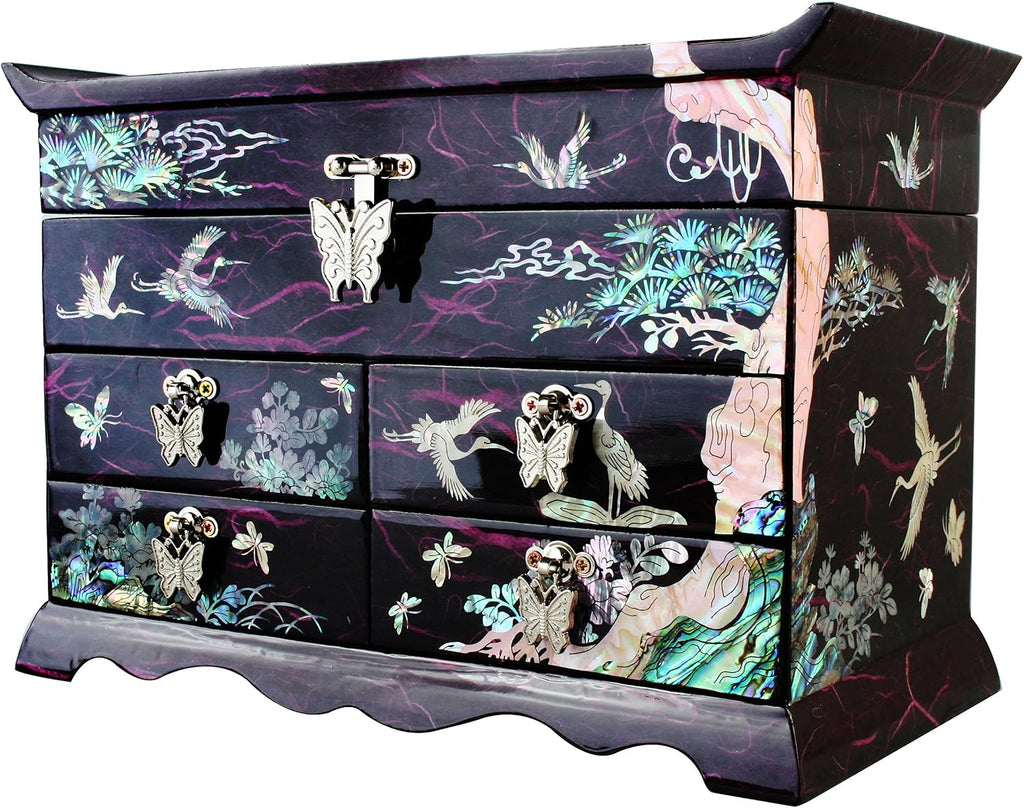 Mother of Pearl Crane and Pine Tree in Purple Mulberry Paper Design Wooden Jewelry Mirror Trinket Keepsake Treasure Gift Asian Lacquer Box Case Chest Organizer