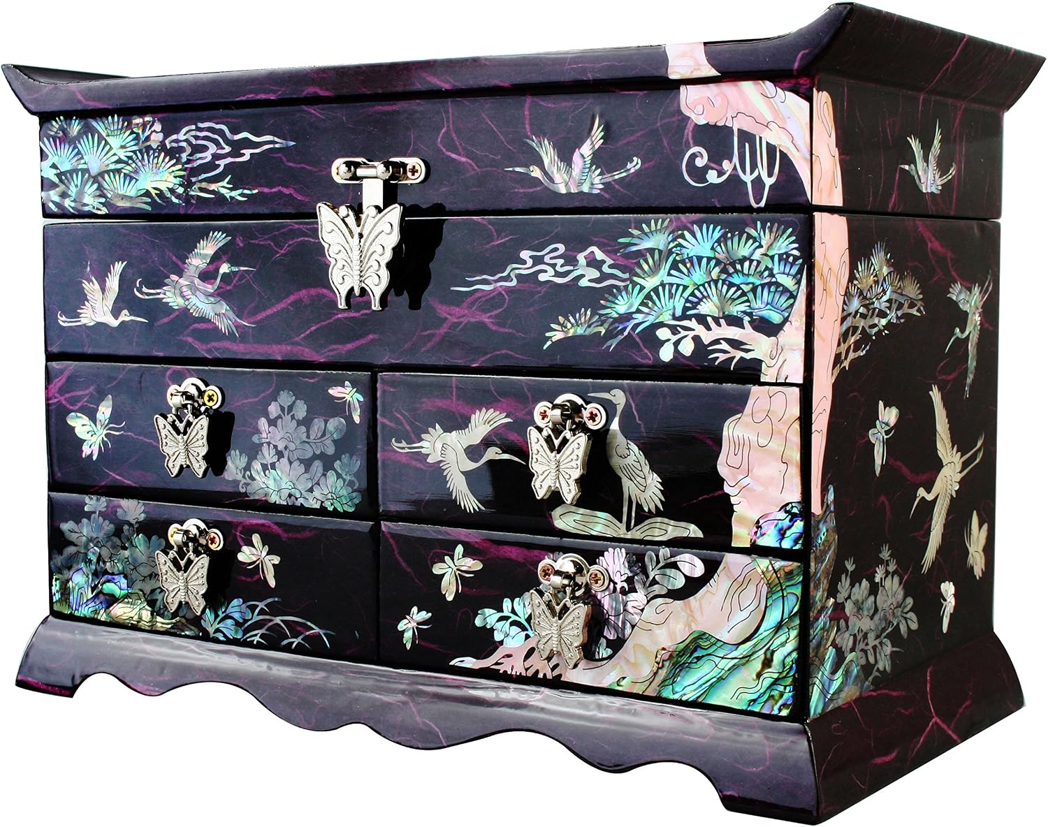 Mother of Pearl Crane and Pine Tree in Purple Mulberry Paper Design Wooden Jewelry Mirror Trinket Keepsake Treasure Gift Asian Lacquer Box Case Chest Organizer