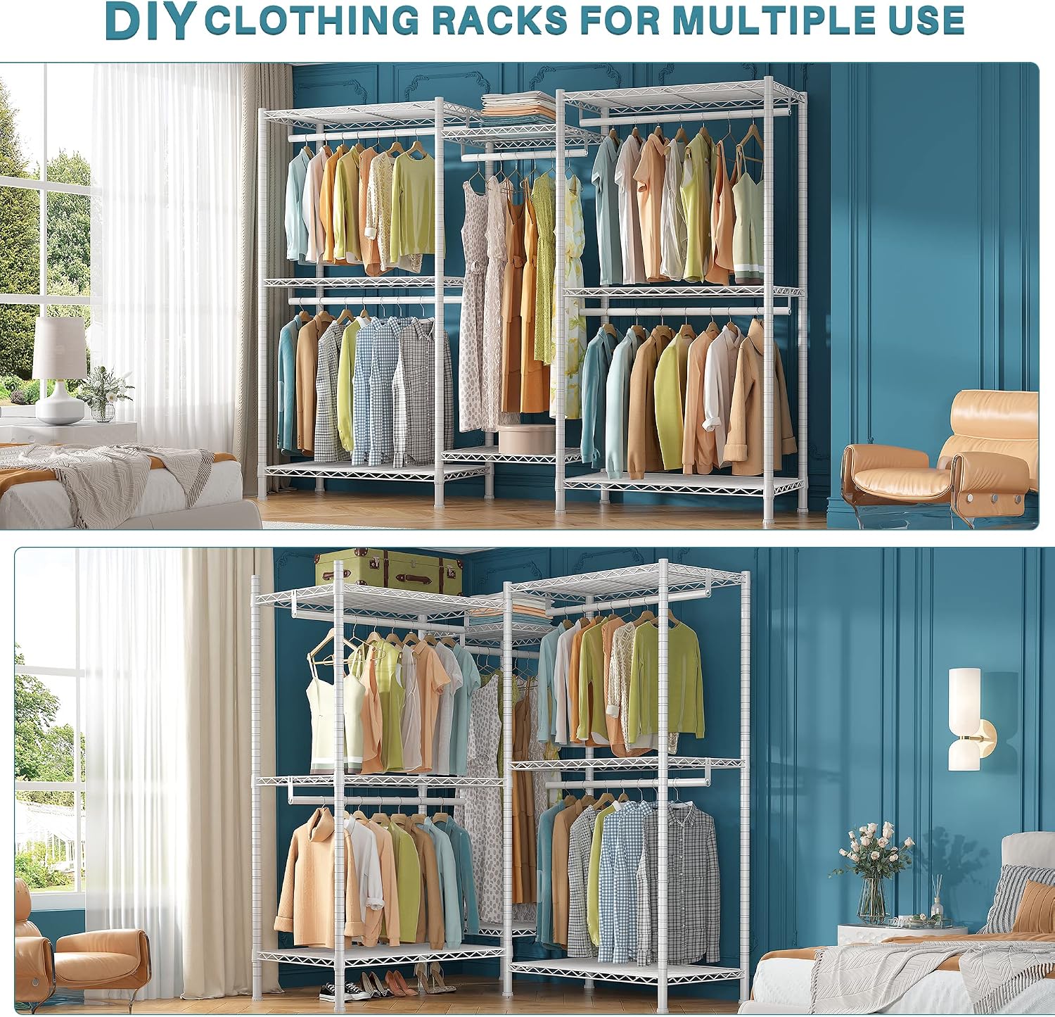 Raybee Clothing Rack for Hanging Clothes,Heavy Duty Clothes Rack with Shelves,Portable Closet,Adjustable,Metal,Max Load 900lbs,White