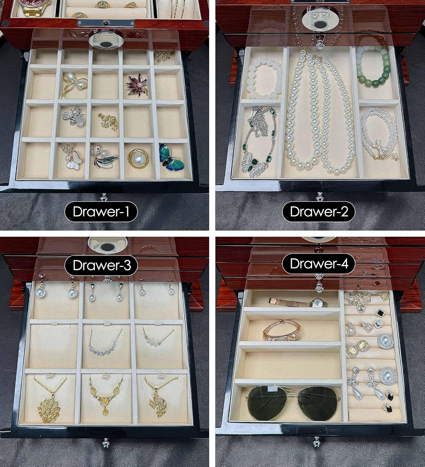 Jewelry Box Wood Jewel Organizer with Fingerprint Lock Safe, 7-Layer Large Locking Jewelry Storage Box with Necklace Hanger for Women Mens Gift (5L-RS)