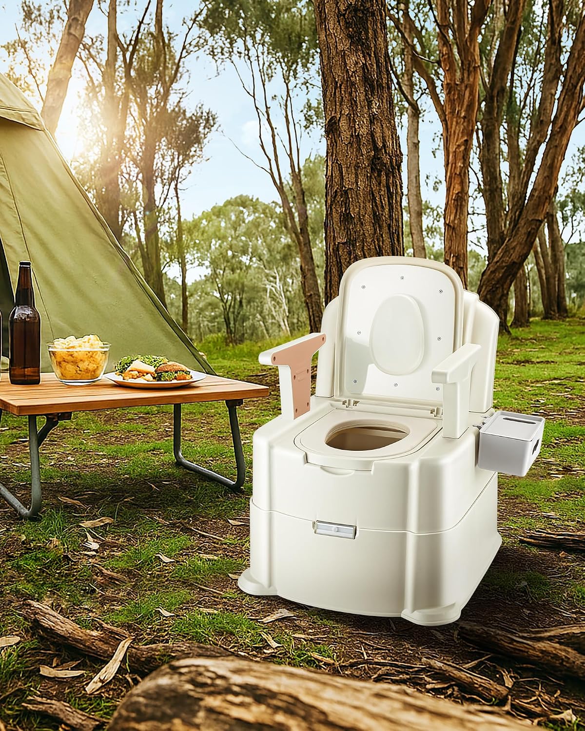Bedside Commode, 500lbs Heavy Duty & Upgraded Commode Toilet Potty Chair, Portable Camping Toilet, Detachable Armrests, Automatic LED Light, 2-Level Height, 3 Rolls of Commode Liners 【Brown】