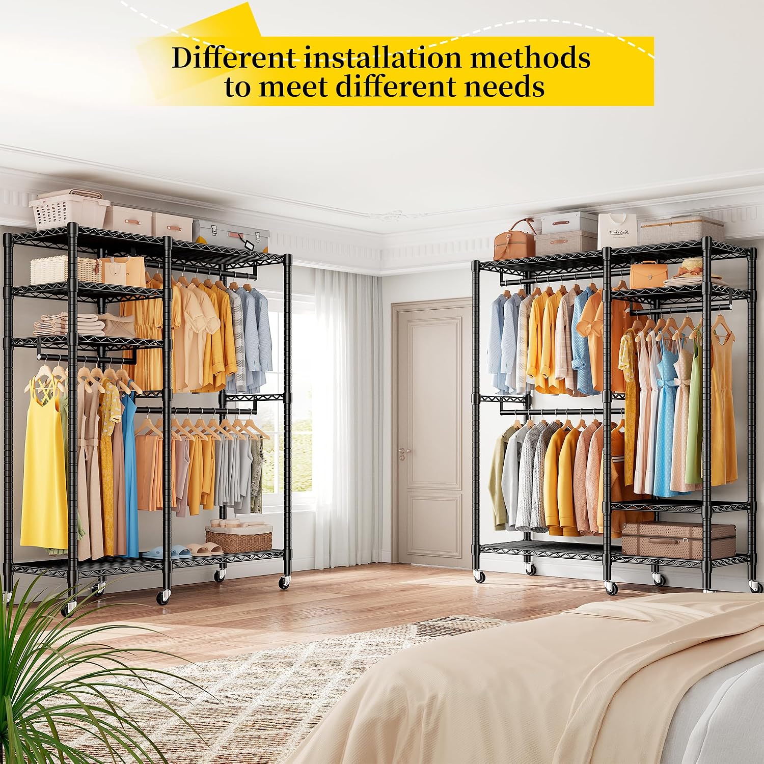 Raybee Clothes Rack Loads 780LBS, Clothes Rack for Hanging Clothes, Heavy Duty Clothing Racks with Wheels, Freestanding & Tool-Free Adjustable Metal Portable Closet with Shelves, Black