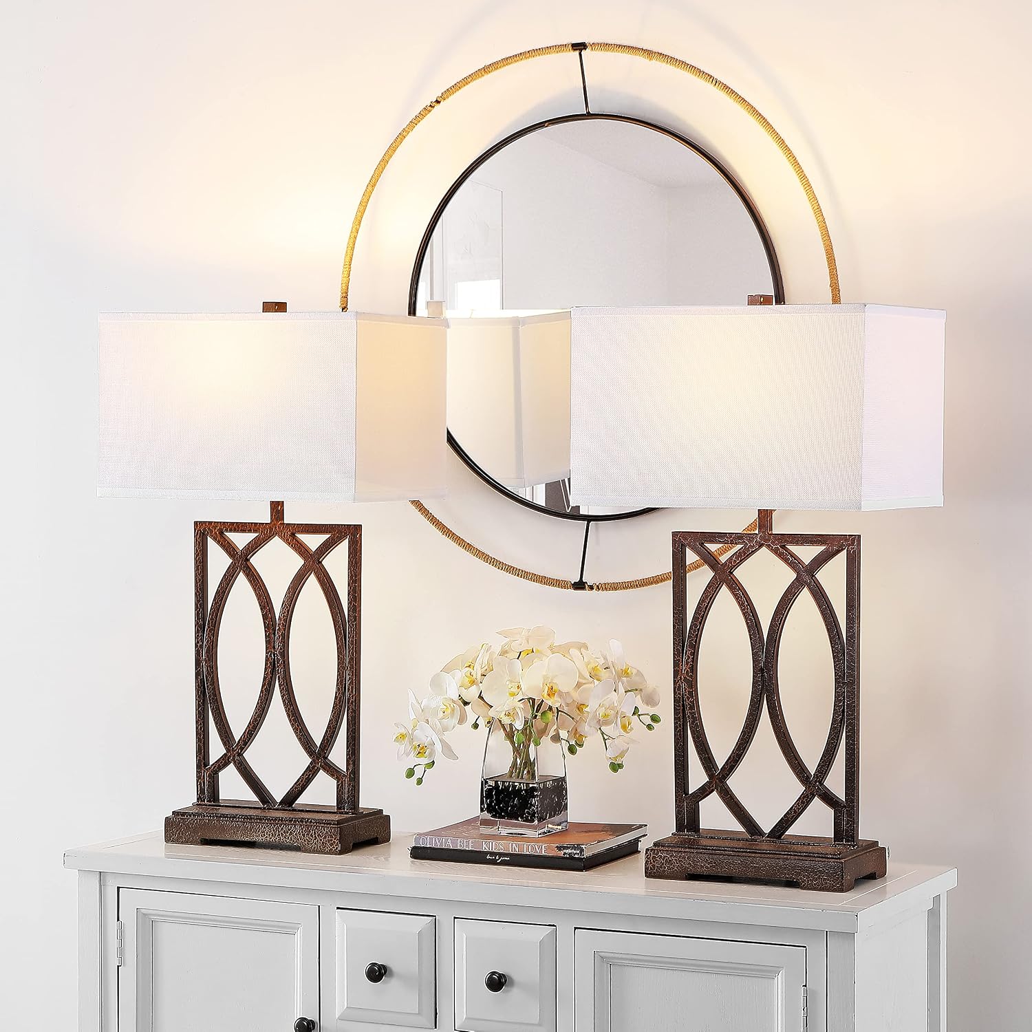 SAFAVIEH Lighting Collection Jago Rustic Farmhouse Antique Gold 30-inch Bedroom Living Room Home Office Desk Nightstand Table Lamp Set of 2 (LED Bulbs Included)