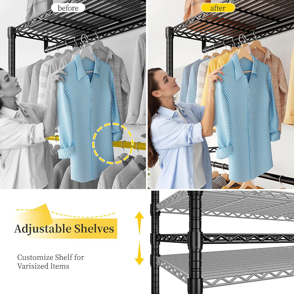 Raybee Clothes Rack Loads 780LBS, Clothes Rack for Hanging Clothes, Heavy Duty Clothing Racks with Wheels, Freestanding & Tool-Free Adjustable Metal Portable Closet with Shelves, Black