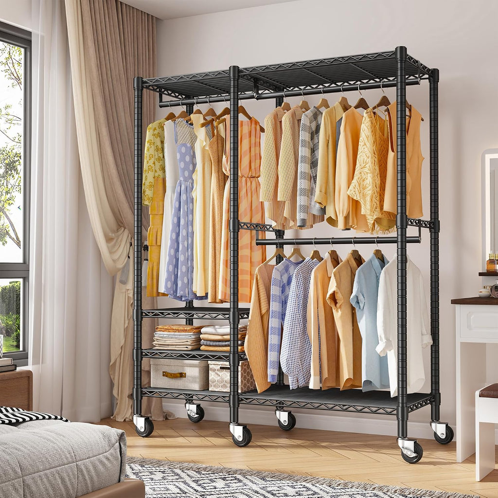 Raybee Heavy Duty Clothes Rack, Clothing Racks for Hanging Clothes, Portable Closet with Wheels and 4 Tiers Adjustable Shelves, Rolling Garment Rack for Bedroom, Black