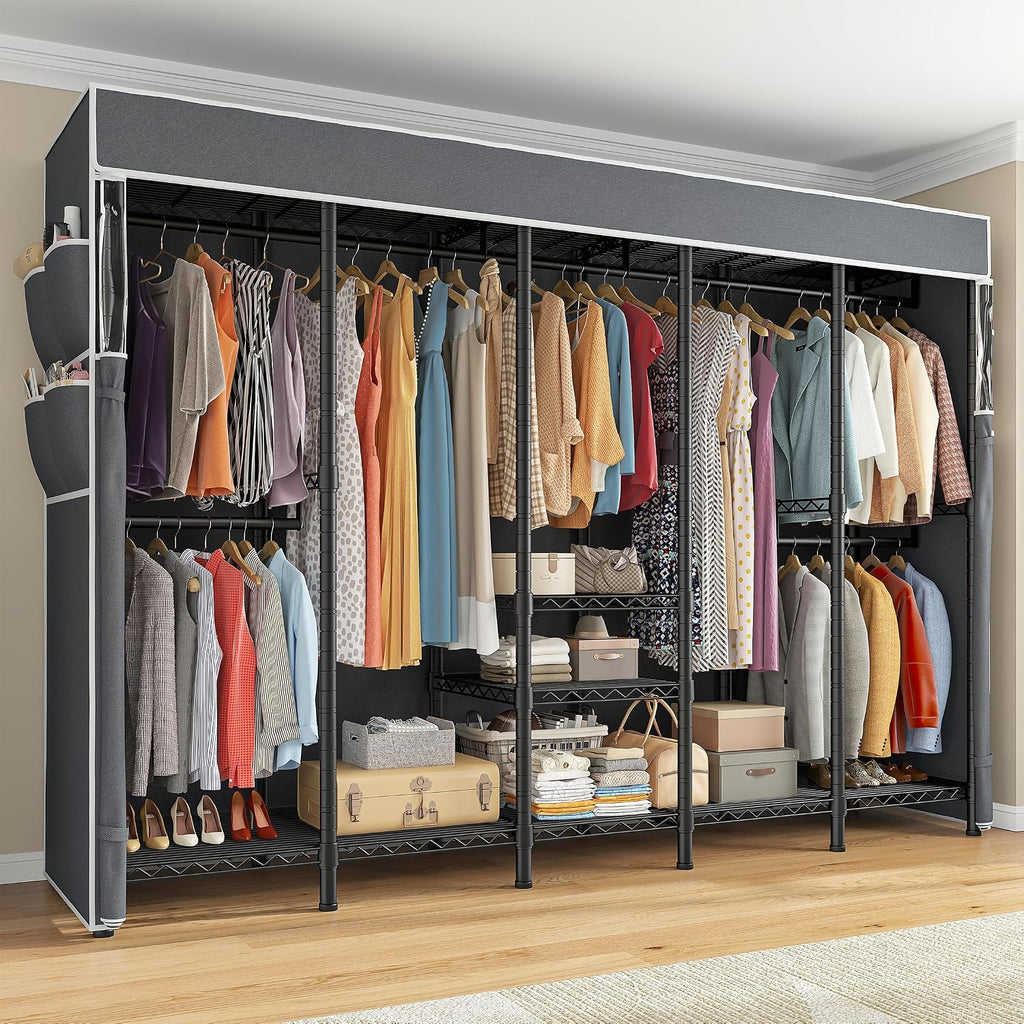Raybee Clothes Rack, Extra Large Clothes Rack with Cover, Freestanding Clothing Racks for Hanging Clothes, Heavy Duty Closet Organizer System, Portable Wardrobe Closet, Adjustable Garment Rack, Black