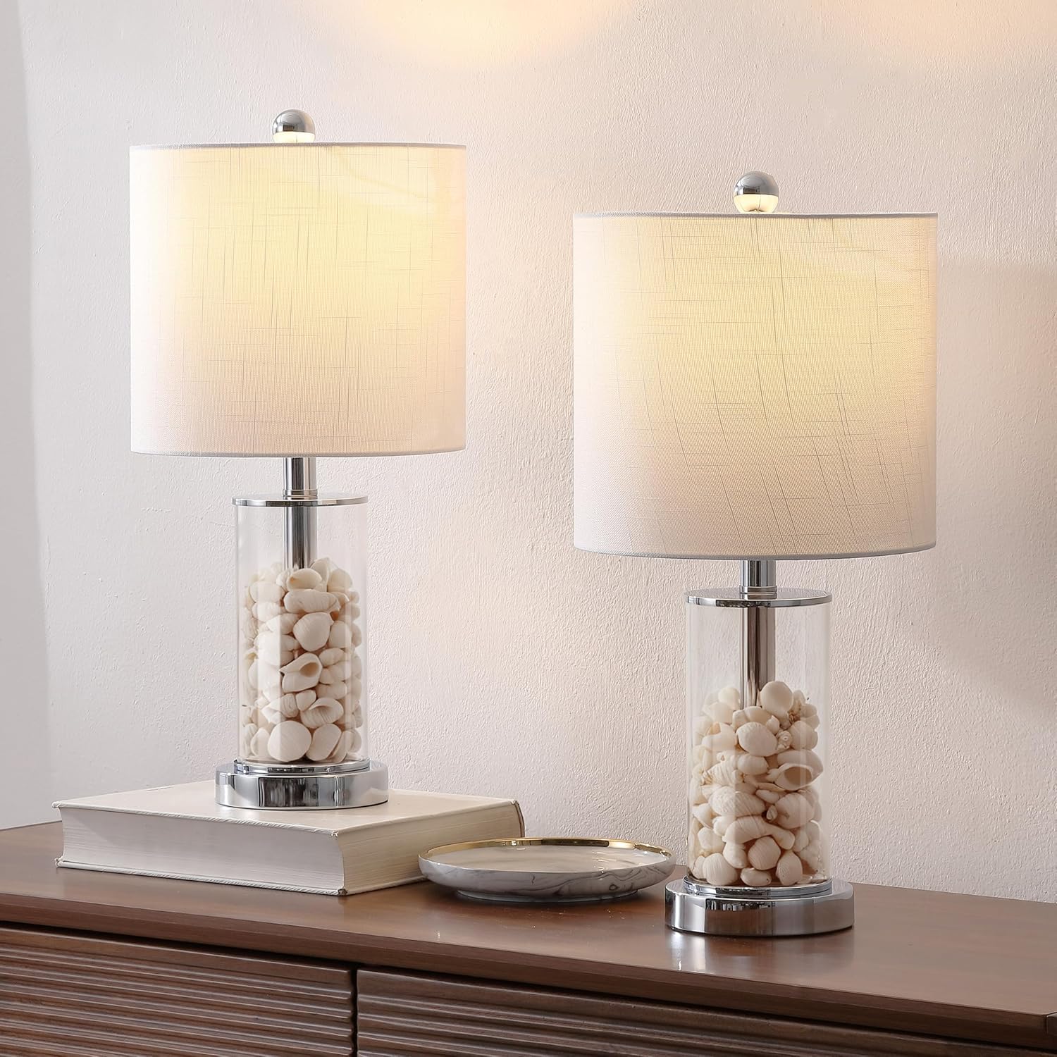 JONATHAN Y 20.5' Chrome Fillable Glass Table Lamp Set of 2, Modern Nightstand Lamps for Living Room Bedroom Office, White Linen Shade, LED Bulbs Included (JYL8508C-SET2)