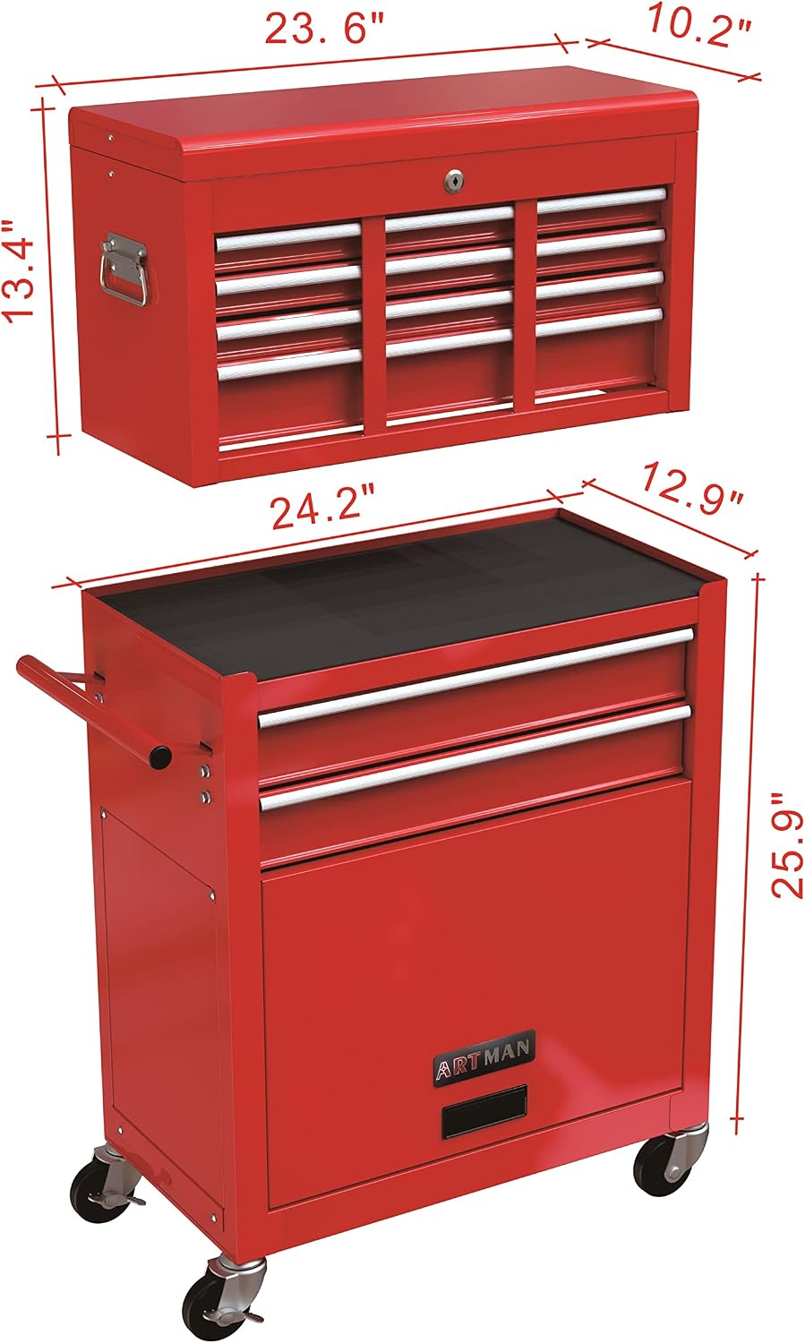 Campfun Rolling Tool Chest with Wheels, 8-Drawer Tool Box Organizer Tool Cabinet, Detachable Large Tool Cabinet with Lock, Mechanic Tool Cart High Capacity Tool Storage Cabinet, Red