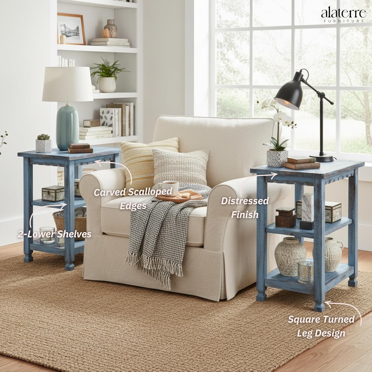 Alaterre Furniture Country Cottage Rustic Farmhouse Nightstand Set of 2-15in Narrow Side Table Set with Storage Shelves - Solid Wood Rustic Nightstands for Living Room or Bedroom (Antique Blue)