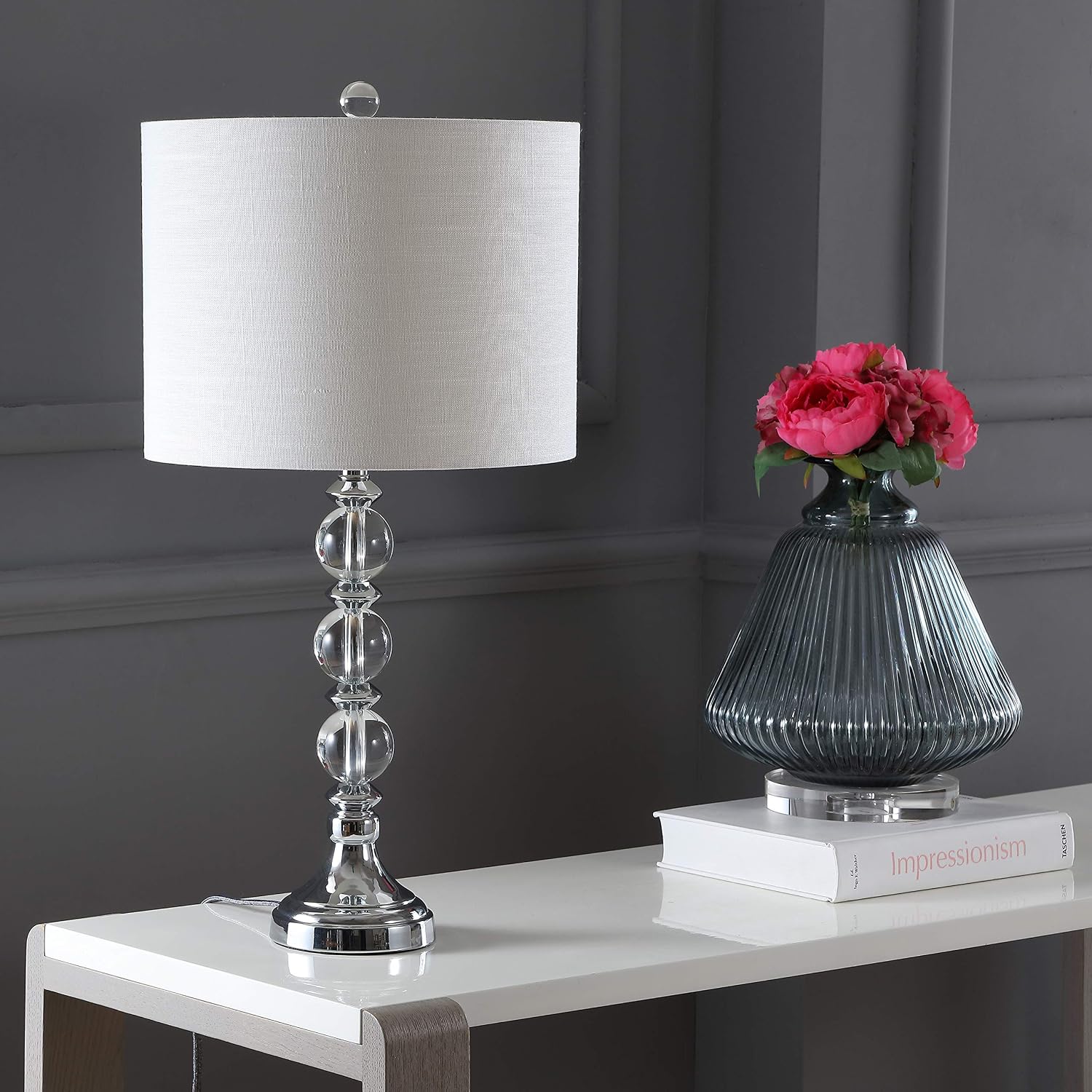 JONATHAN Y 26' Clear/Chrome Crystal LED Table Lamp Set of 2, Transitional Faceted Glass and Metal Nightstand Lamps with White Linen Drum Shade, LED Bulbs Included JYL5041A-SET2