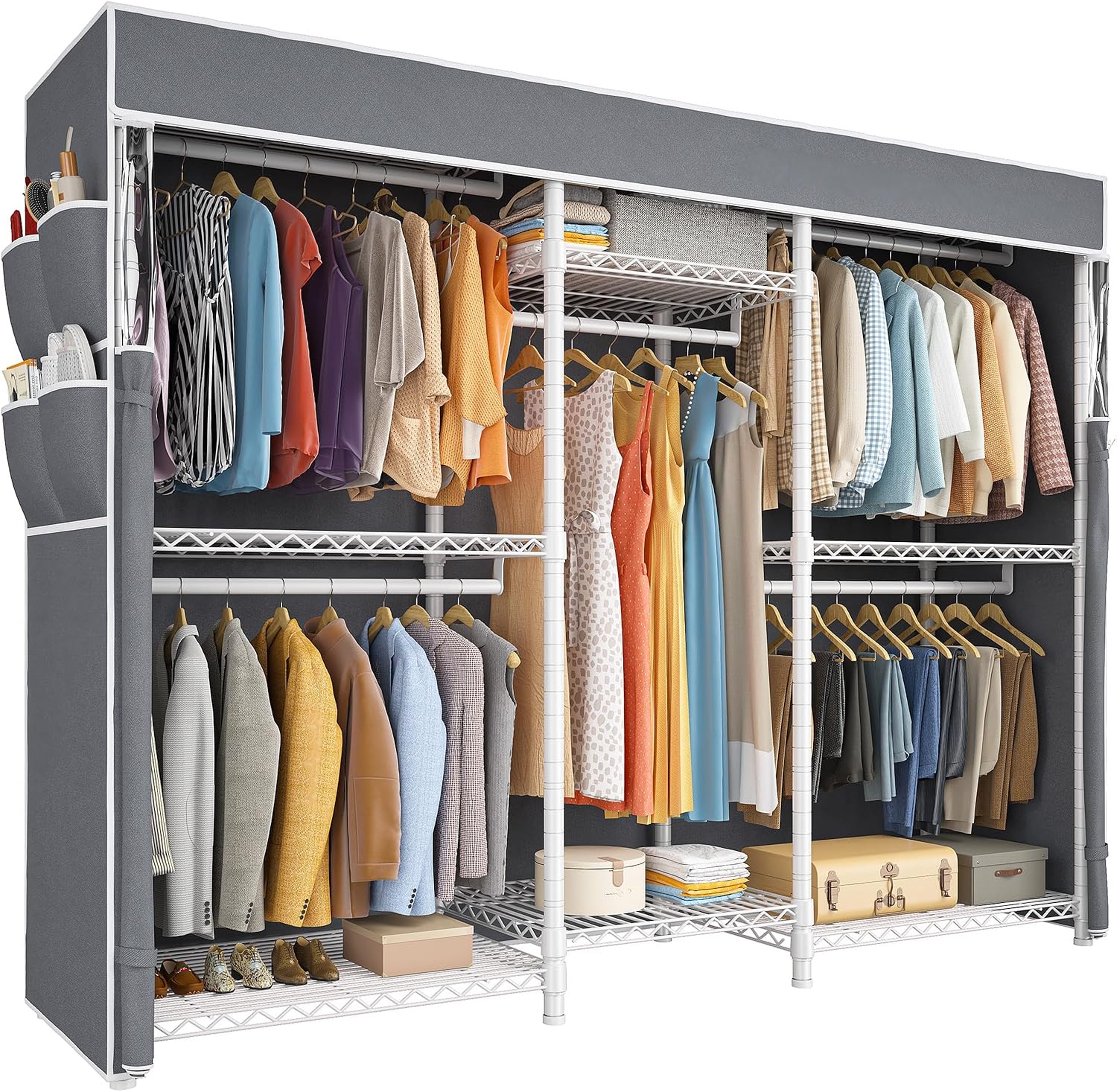 Raybee Clothing Rack with Cover Heavy Duty Clothes Rack with Shelves,Portable, Adjustable,Metal,Max Load 900lbs,White