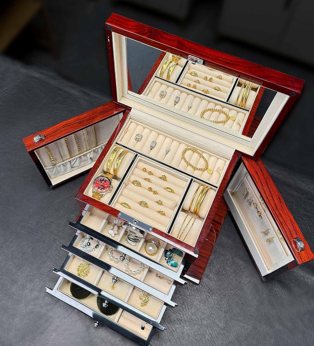 Jewelry Box Wood Jewel Organizer with Fingerprint Lock Safe, 7-Layer Large Locking Jewelry Storage Box with Necklace Hanger for Women Mens Gift (5L-RS)
