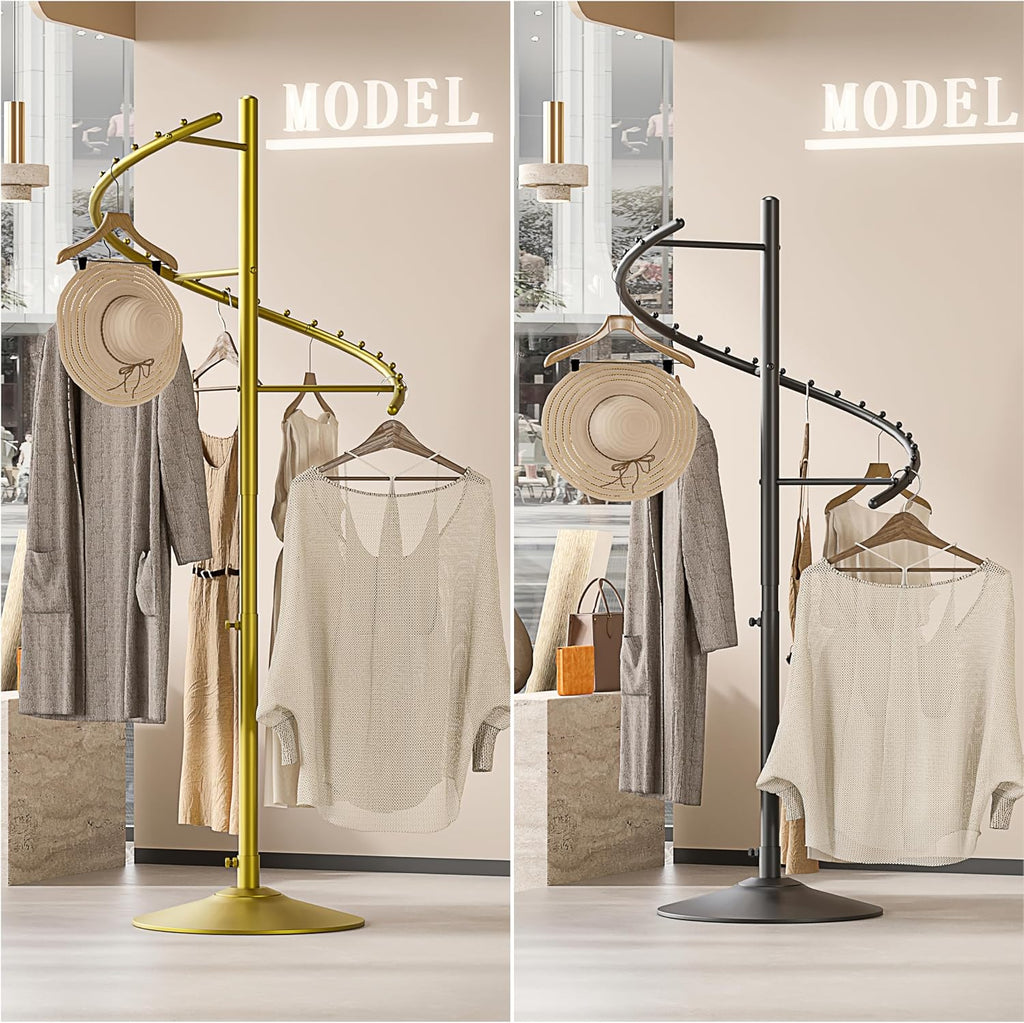 HKaikzo Freestanding 360° Rotating Clothing Rack, Height Adjustable Heavy Duty Metal Spiral Garment Display Rack Modern Coat Stand for Shops, Boutique, Entrance Hall, Bedroom Space Saving