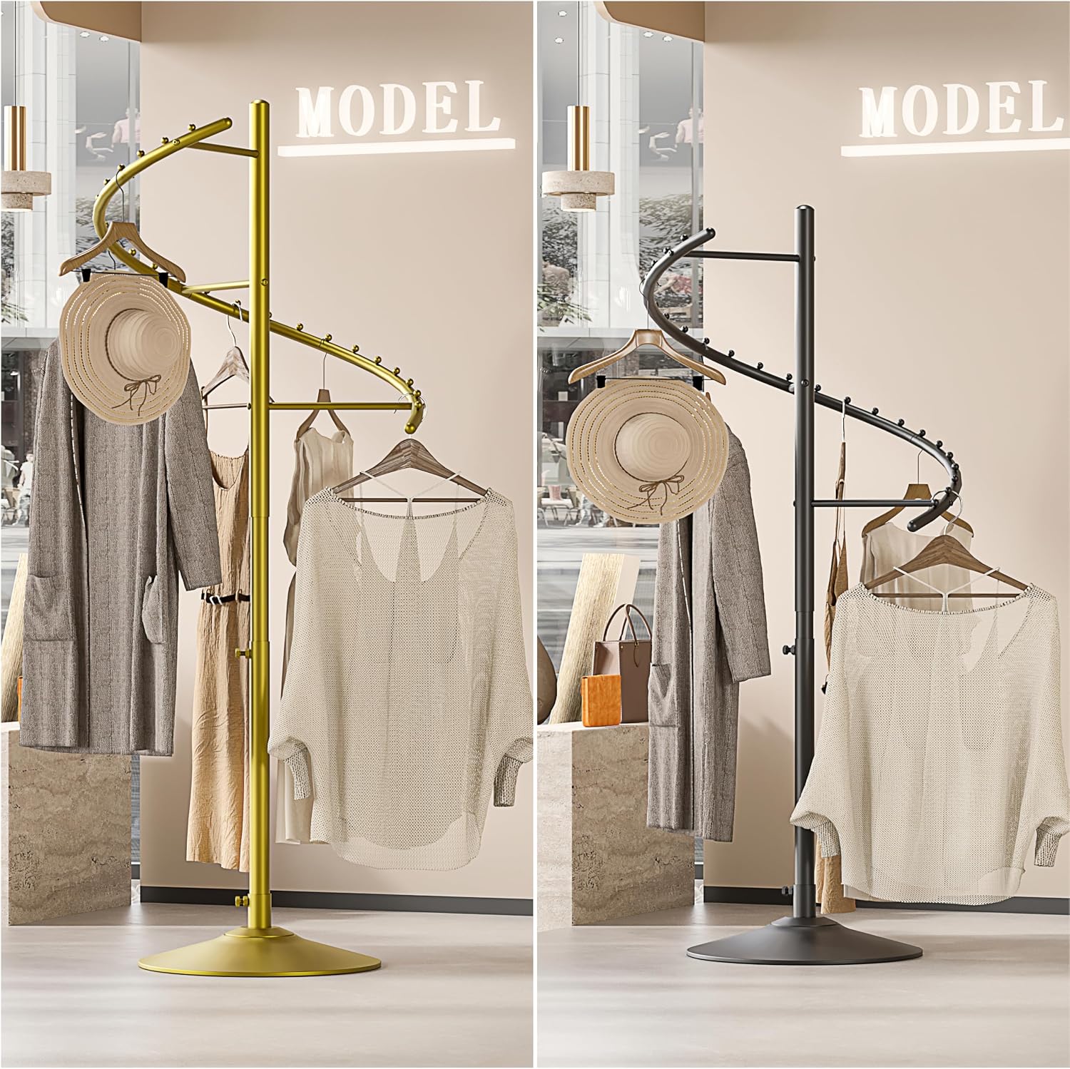 HKaikzo Freestanding 360° Rotating Clothing Rack, Height Adjustable Heavy Duty Metal Spiral Garment Display Rack Modern Coat Stand for Shops, Boutique, Entrance Hall, Bedroom Space Saving