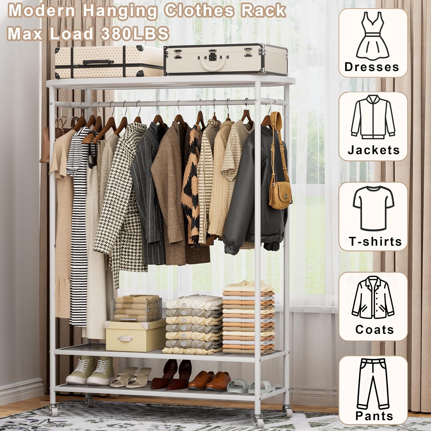 Clothes Rack with Cover, Heavy Duty Portable Closet for Hanging Clothes, Rolling Clothing Closet, Garment Rack with Wheels&Side Hooks, Closet Organizers and Storage with Cover, Max Load 380LBS, White