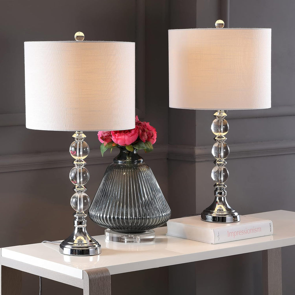 JONATHAN Y 26' Clear/Chrome Crystal LED Table Lamp Set of 2, Transitional Faceted Glass and Metal Nightstand Lamps with White Linen Drum Shade, LED Bulbs Included JYL5041A-SET2