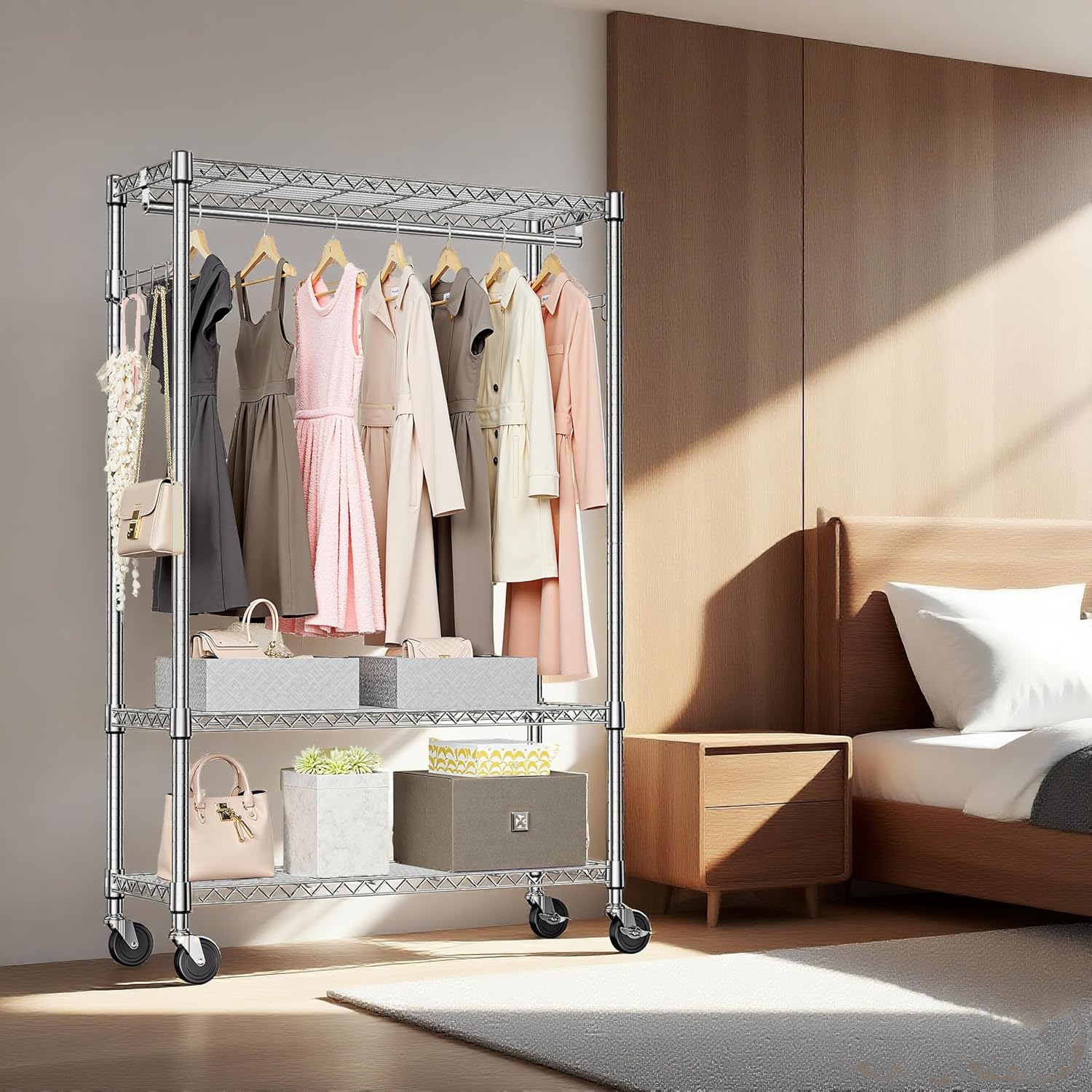 High-Strength Rolling Garment Rack Freestanding Closet Organizer with Hanging Rod Adjustable Metal Clothes Rack Chrome 15.7' D x 45.3' W x 75.6' H