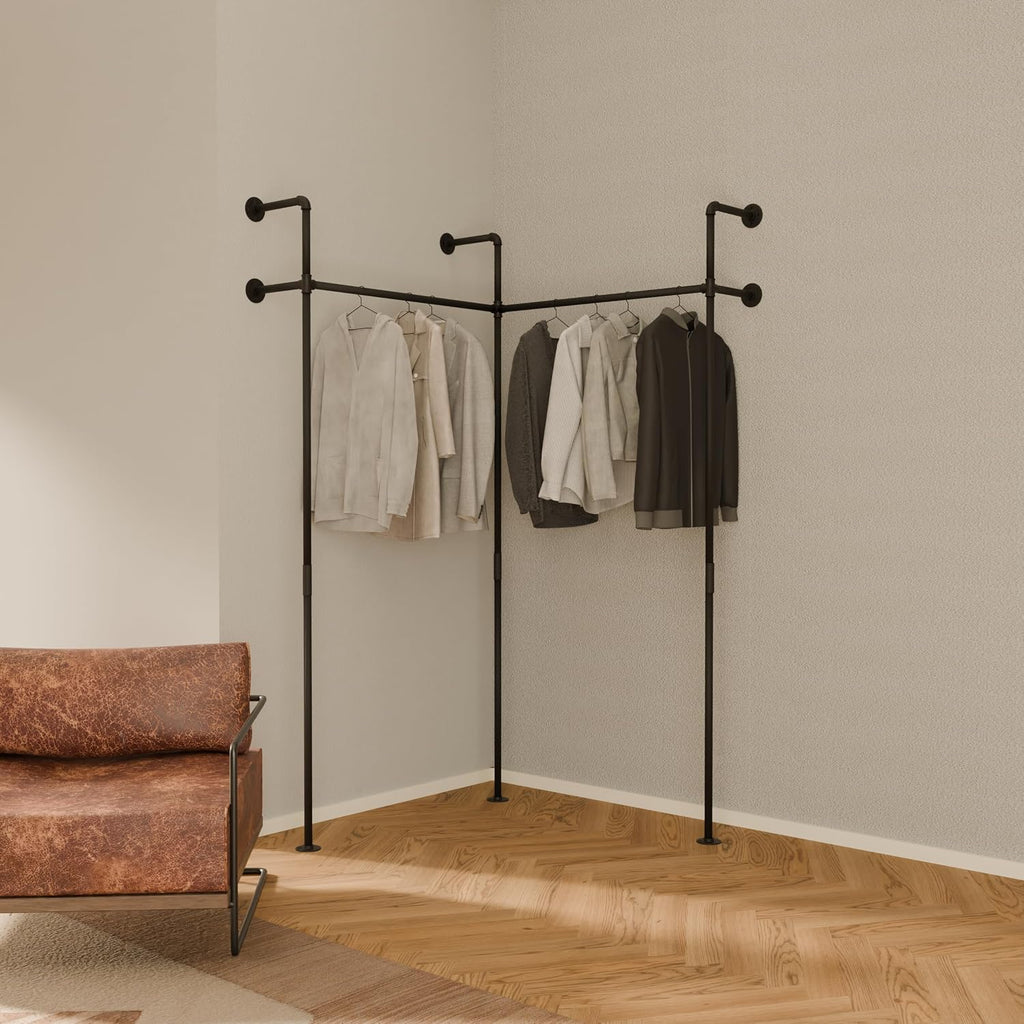 pamo Industrial Pipe Clothing Rack Metal Black - 390 lbs Capacity - Wall Mounted Clothes Racks for Hanging Clothes - KIM II EDGE