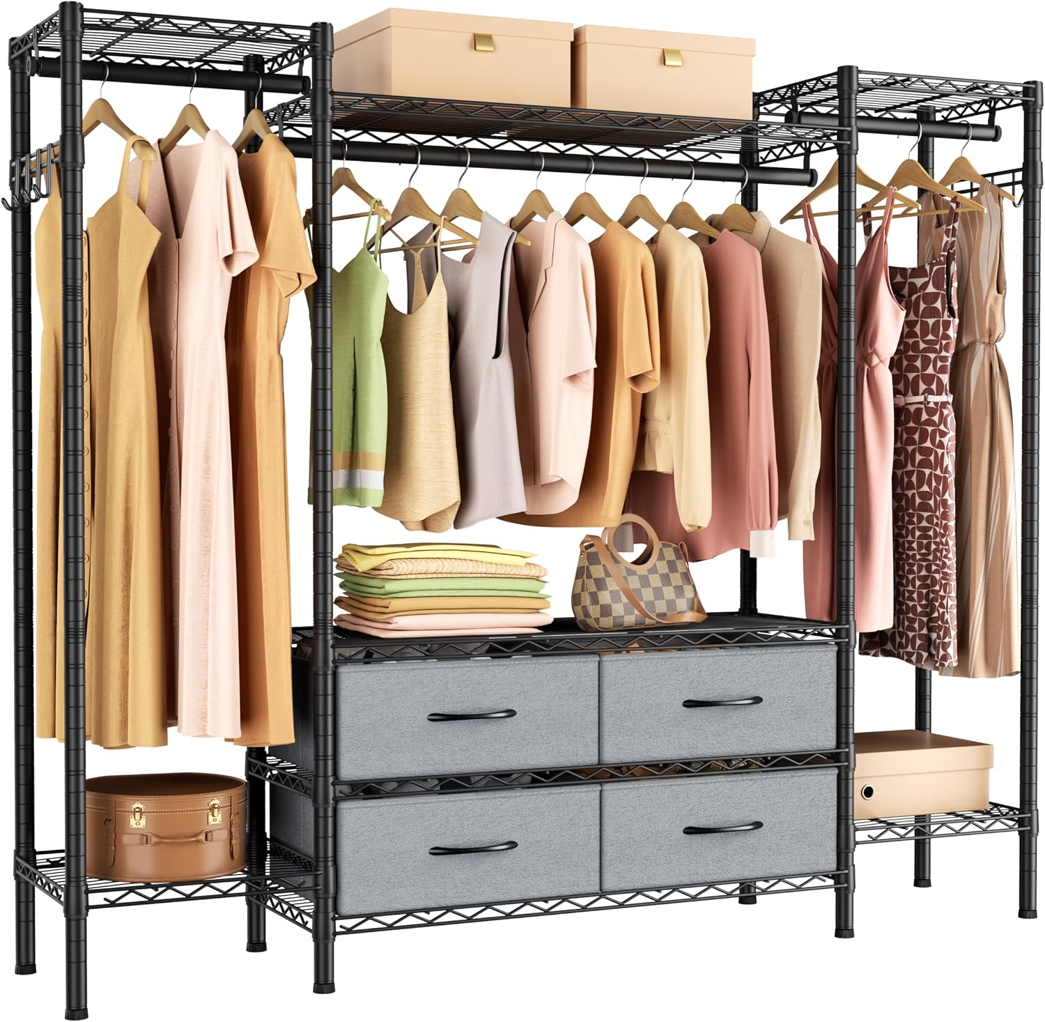 Golpart Heavy Duty Garment Rack Clothes Rack,Large Metal Closet Organizer System Storage Wardrobe,Freestanding Clothing Rack with 8 Adjustable Wire Shelves&3 Hang Rods,MaxLoad 900lbs