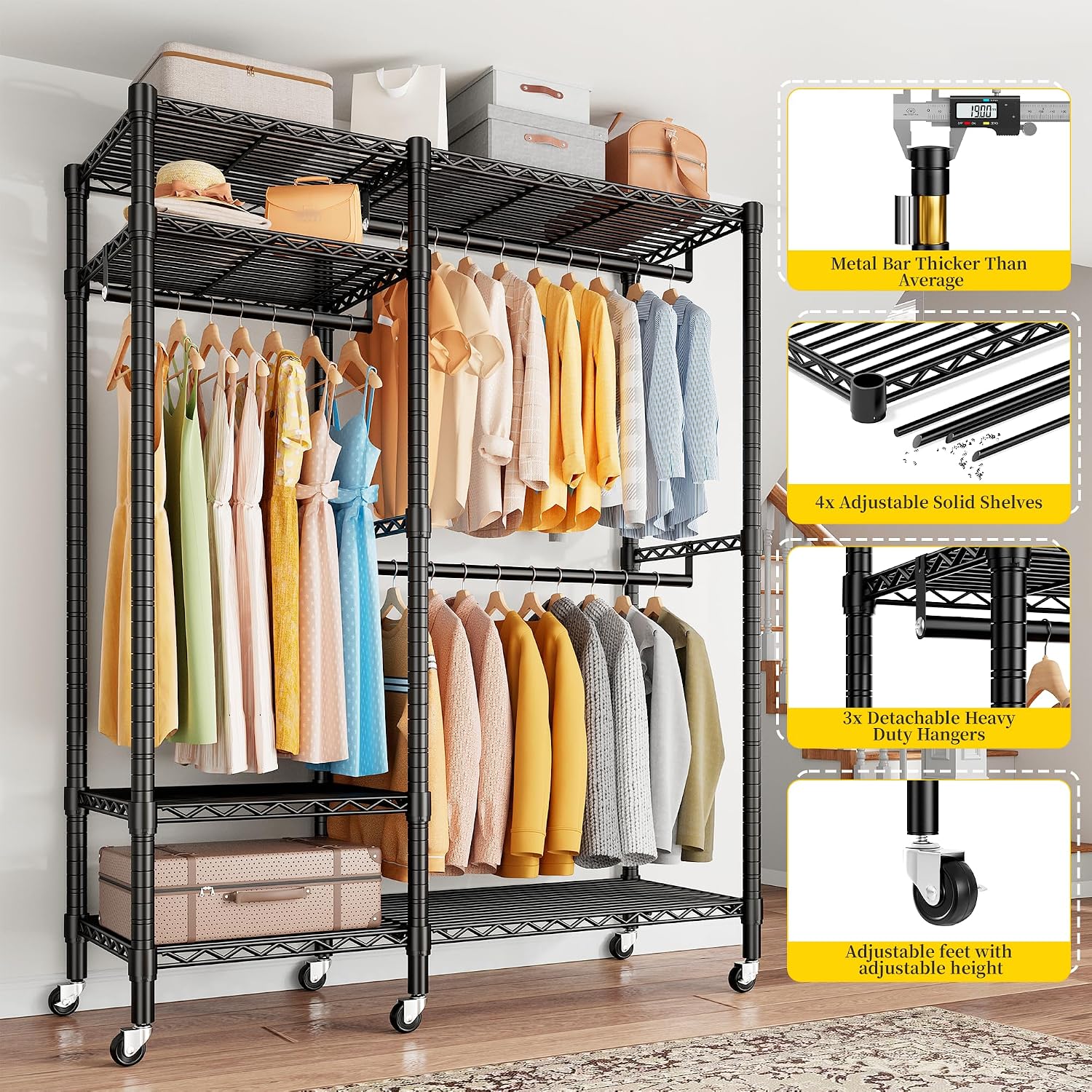 Raybee Clothes Rack Loads 780LBS, Clothes Rack for Hanging Clothes, Heavy Duty Clothing Racks with Wheels, Freestanding & Tool-Free Adjustable Metal Portable Closet with Shelves, Black