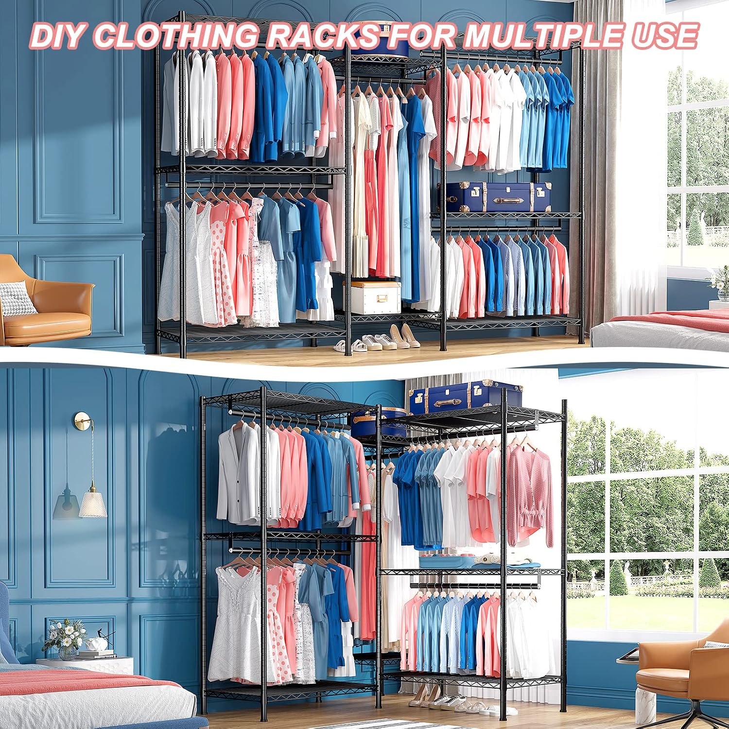 Raybee Clothes Rack,Clothing Racks for Hanging Clothes 900LBS Capacity Heavy Duty Portable Closet with 5 Hanger Rods & 8 Shelves for Walk-in Closet,Apartment
