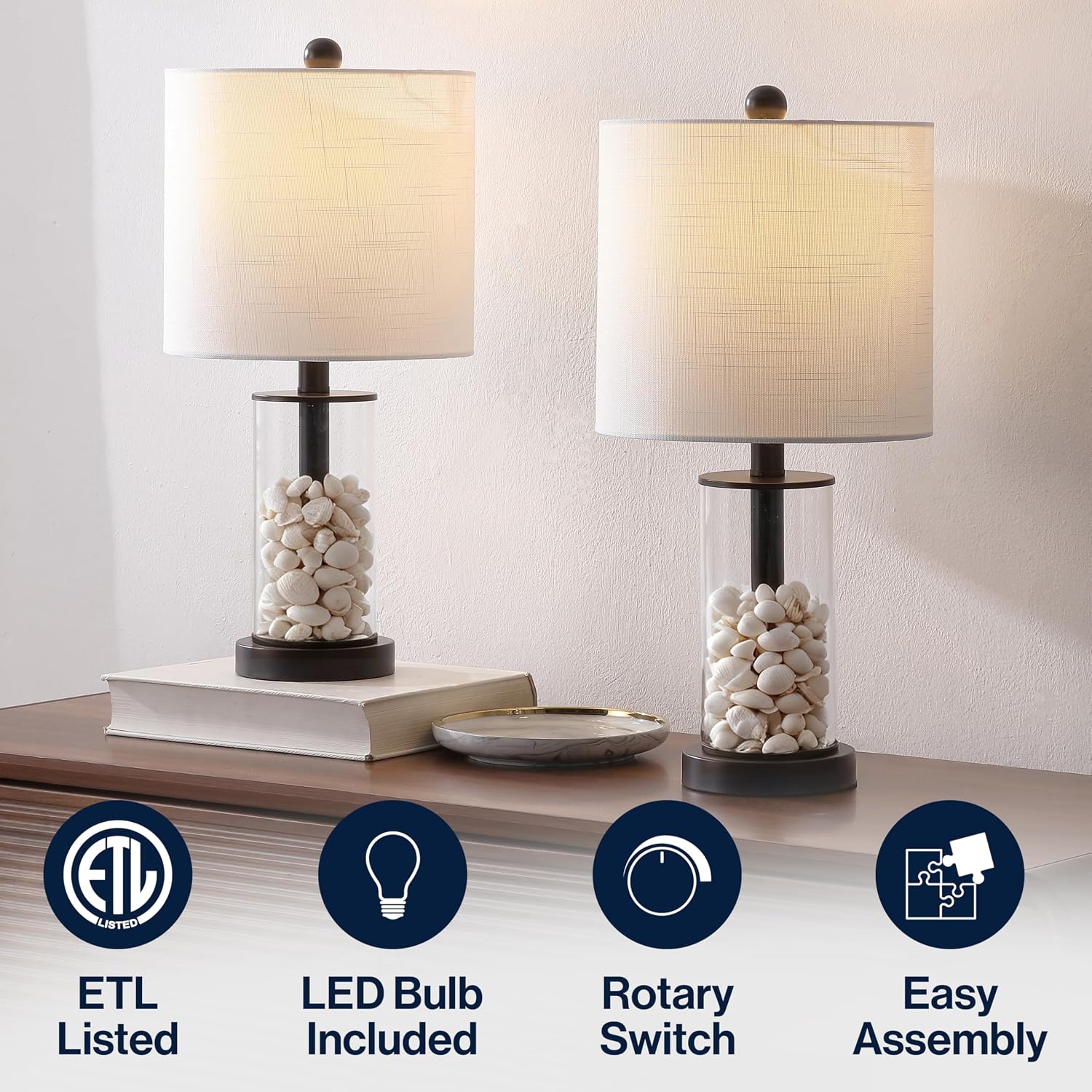 JONATHAN Y 20.5' Oil Rubbed Bronze/Clear Fillable Glass Table Lamp Set of 2, Modern Nightstand Lamps for Living Room Bedroom Office, White Linen Shade, LED Bulbs Included JYL8508A-SET2