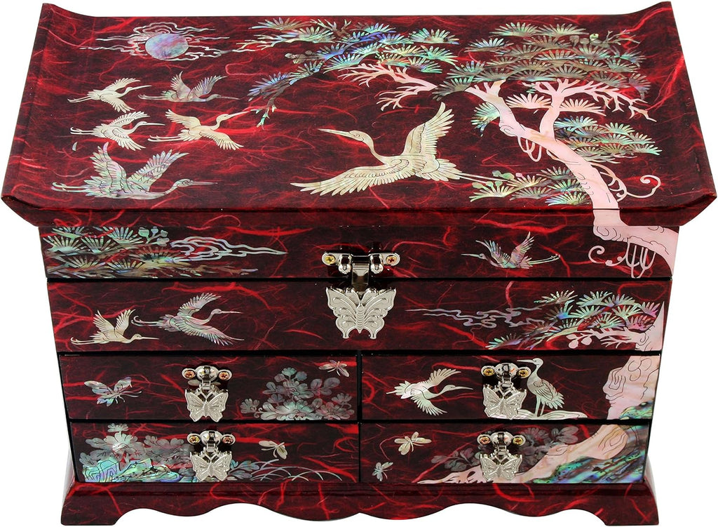 Mother of Pearl Crane and Pine Tree in Red Mulberry Paper Design Wooden Jewelry Mirror Trinket Keepsake Treasure Drawer Lacquer Box Case Chest Organizer