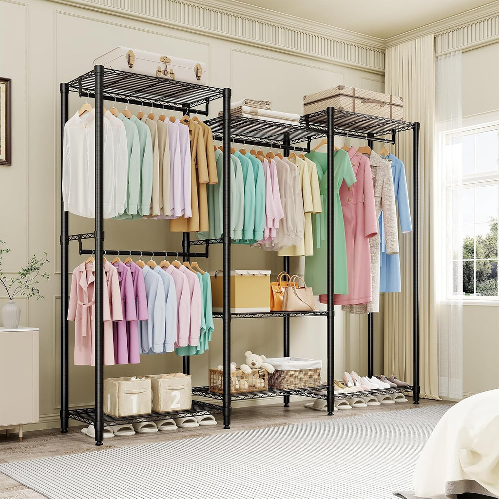 Heavy-Duty Garment Rack with a 1631 lbs Load Capacity, Portable Closet Organizer, Free-Standing Storage Solution Featuring Adjustable Shelves, Hanging Rods, and Dividable Sections, Black
