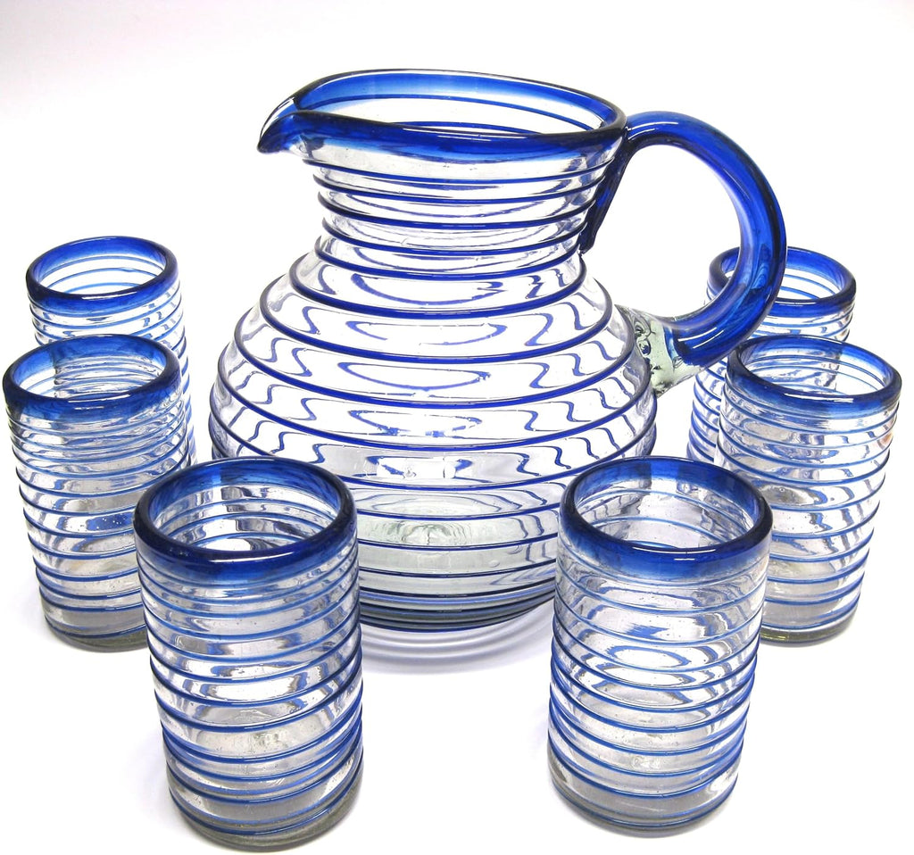 Cobalt Blue Spiral 120 oz Pitcher and 6 Drinking Glasses set, Recycled Glass, Lead-free, Toxin-Free (Pitcher & Glasses)