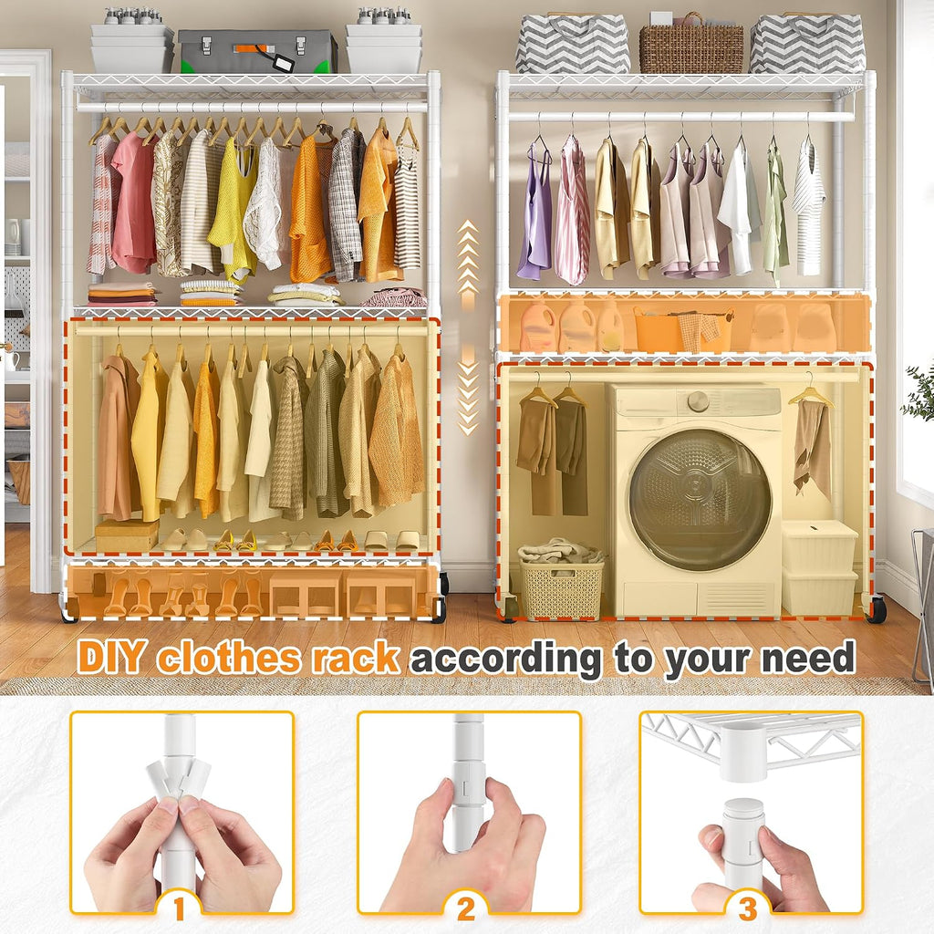 Raybee Rolling Clothes Rack with Cover, Clothing Racks for Hanging Clothes, Heavy Duty Portable Closet with Adjustable Shelves, Garment Rack for Bedroom, Tool-Free Assembly, Max Load 440LBS, White