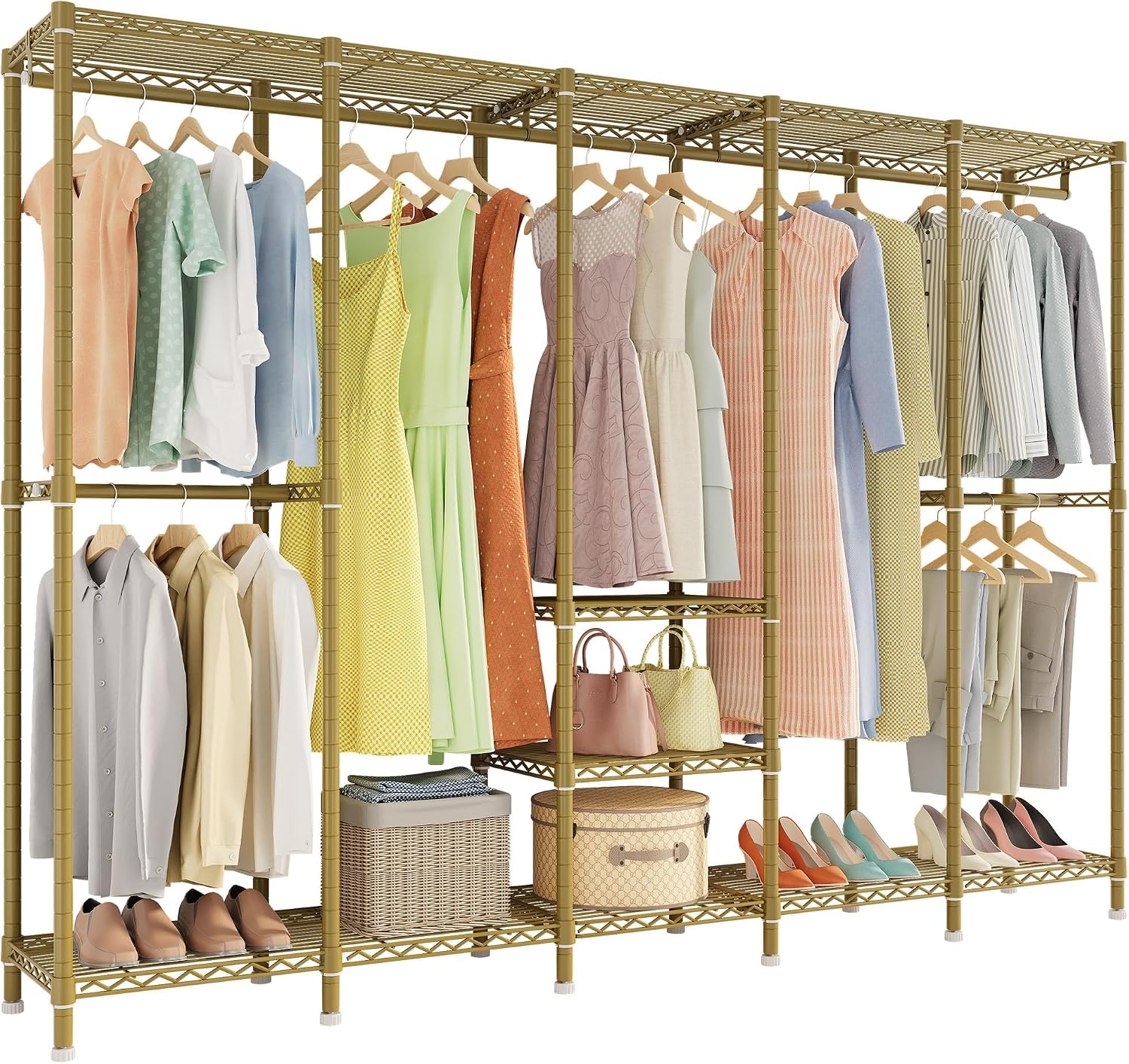 Higeego H5 Large Wire Garment Rack, Heavy Duty Clothes Racks, Wardrobe Closet Rack for Hanging Clothes, Freestanding Clothing Racks with Adjustable Shelf, 93.3' Wx15.7 Dx75.4 H, Gold, Load 1400 lbs