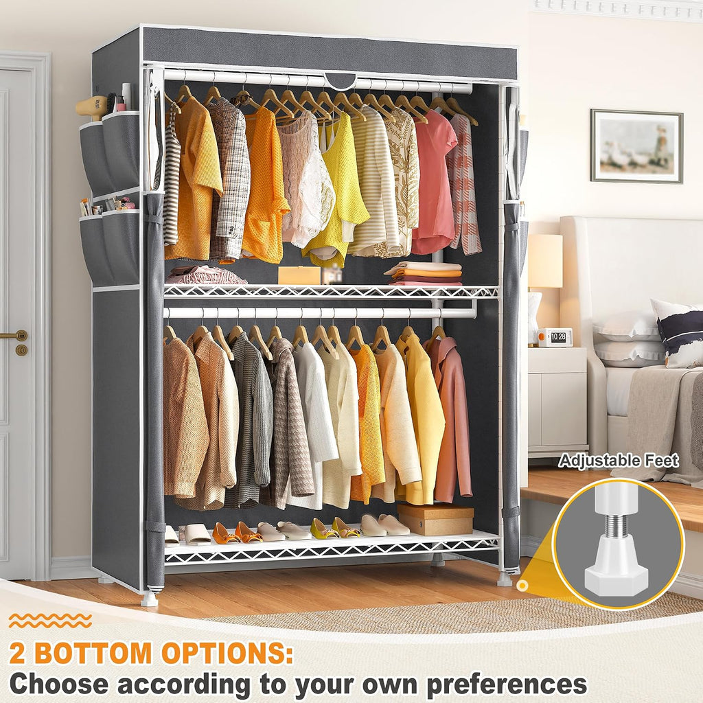 Raybee Rolling Clothes Rack with Cover, Clothing Racks for Hanging Clothes, Heavy Duty Portable Closet with Adjustable Shelves, Garment Rack for Bedroom, Tool-Free Assembly, Max Load 440LBS, White