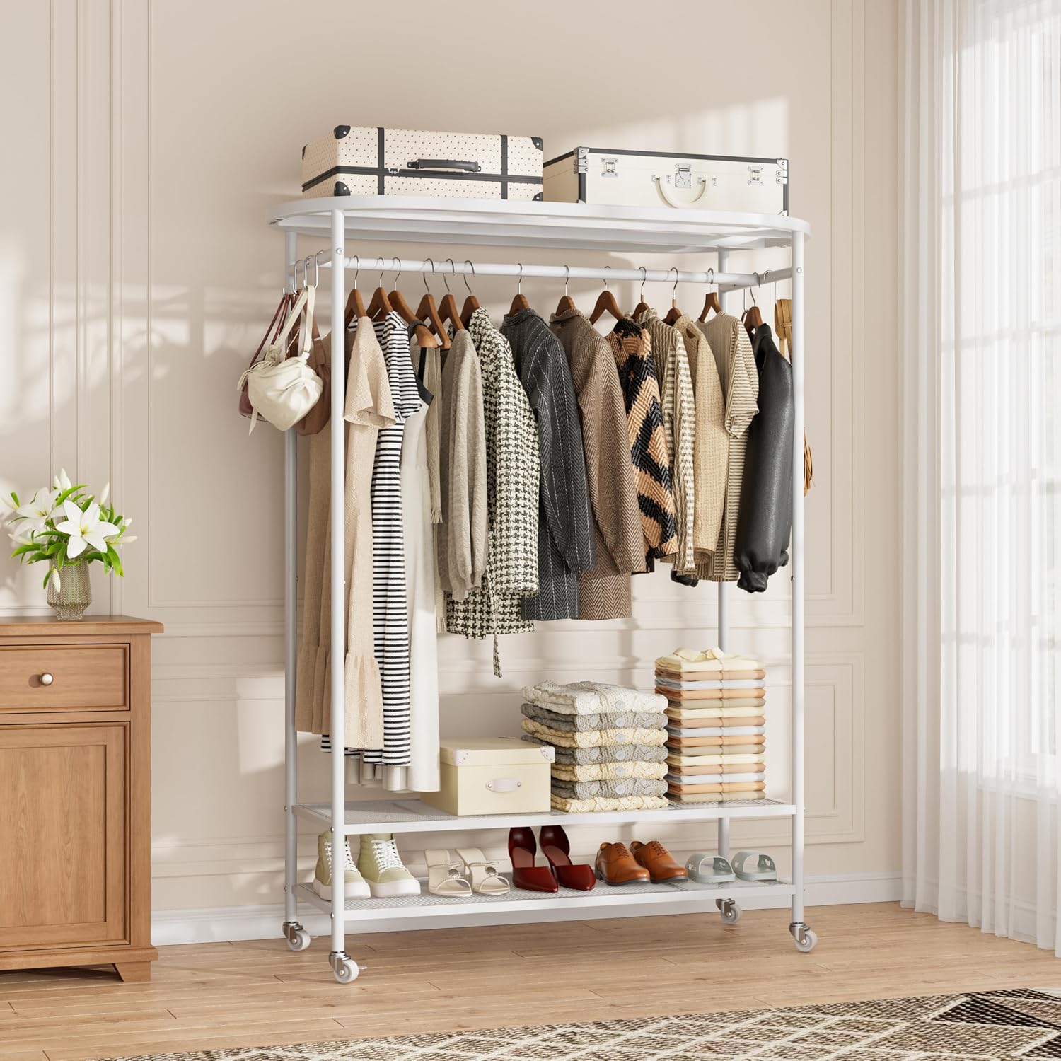 Clothes Rack with Cover, Heavy Duty Portable Closet for Hanging Clothes, Rolling Clothing Closet, Garment Rack with Wheels&Side Hooks, Closet Organizers and Storage with Cover, Max Load 380LBS, White