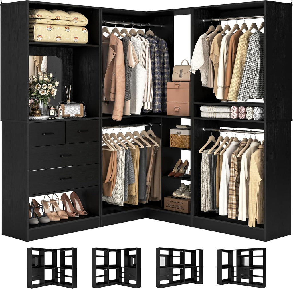 Unikito 86' Closet System, Corner Closets Organizer with Hanging Rods and Mirror, Freestanding Adjustable Clothes Garment Racks with Drawers, Sturdy Walk in Closet Kit with 3 Set Closets Tower, Black
