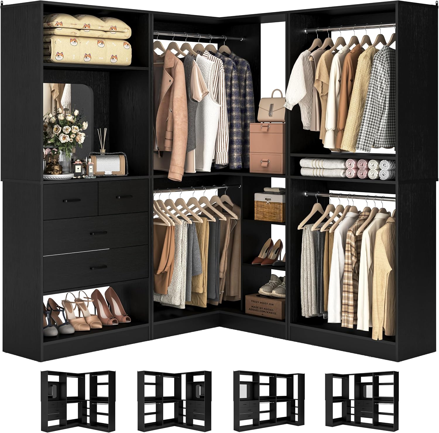 Unikito 86' Closet System, Corner Closets Organizer with Hanging Rods and Mirror, Freestanding Adjustable Clothes Garment Racks with Drawers, Sturdy Walk in Closet Kit with 3 Set Closets Tower, Black