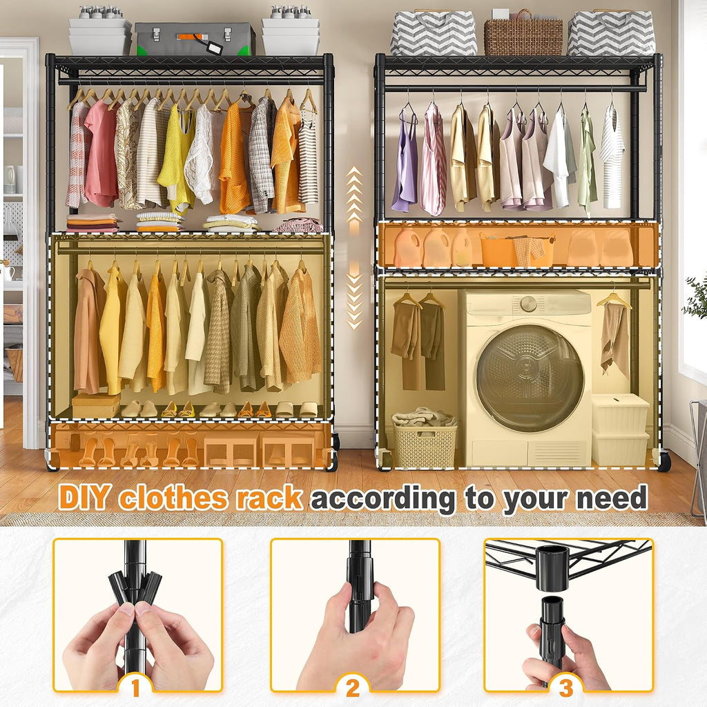 Raybee 45' W Rolling Clothes Rack with Cover Load 440LBS, Heavy Duty Portable Closets for Hanging Clothes with Adjustable Shelves & Lockable Wheels, 2-Tier for Space Saving, Tool-Free Assembly, Black