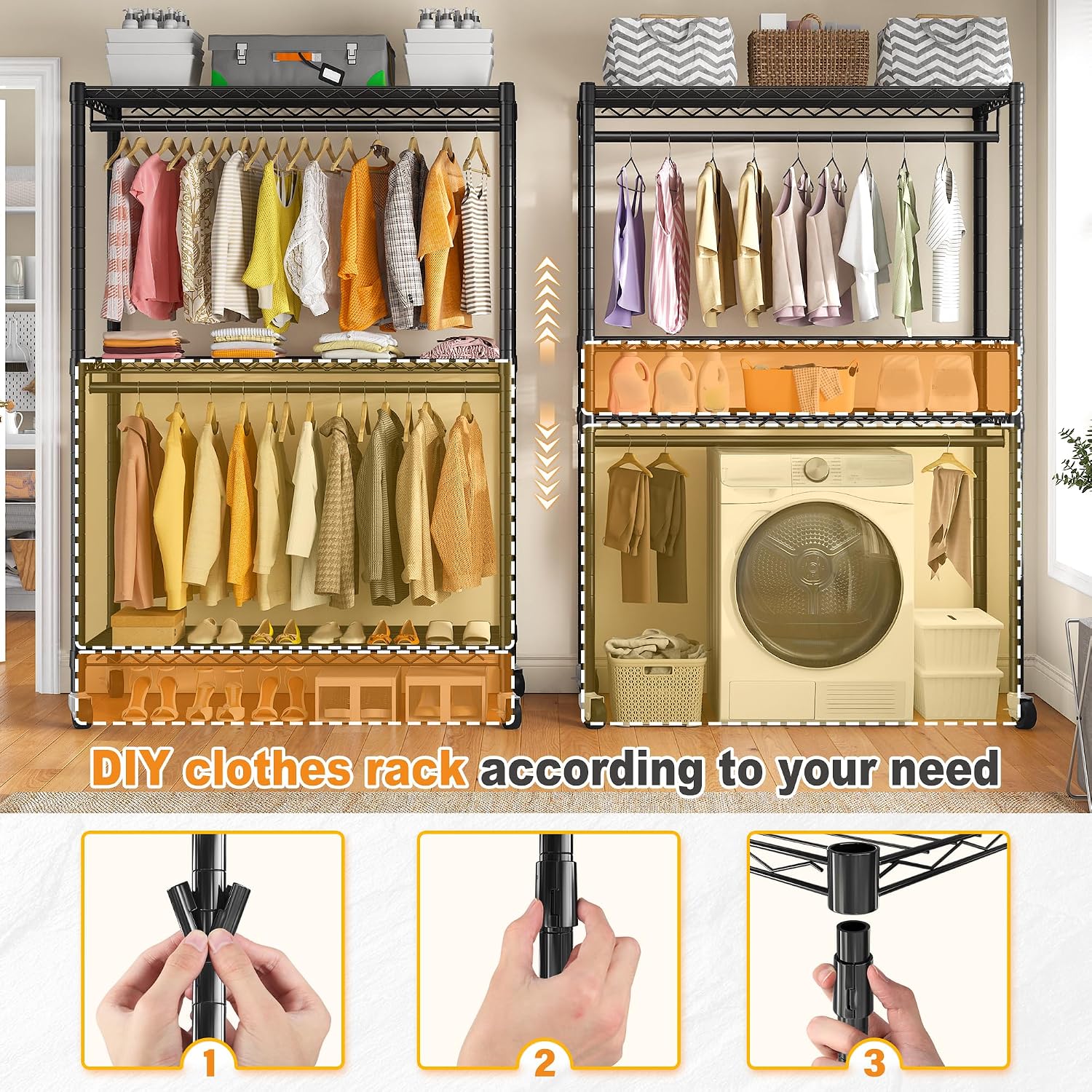 Raybee 45' W Rolling Clothes Rack with Cover Load 440LBS, Heavy Duty Portable Closets for Hanging Clothes with Adjustable Shelves & Lockable Wheels, 2-Tier for Space Saving, Tool-Free Assembly, Black