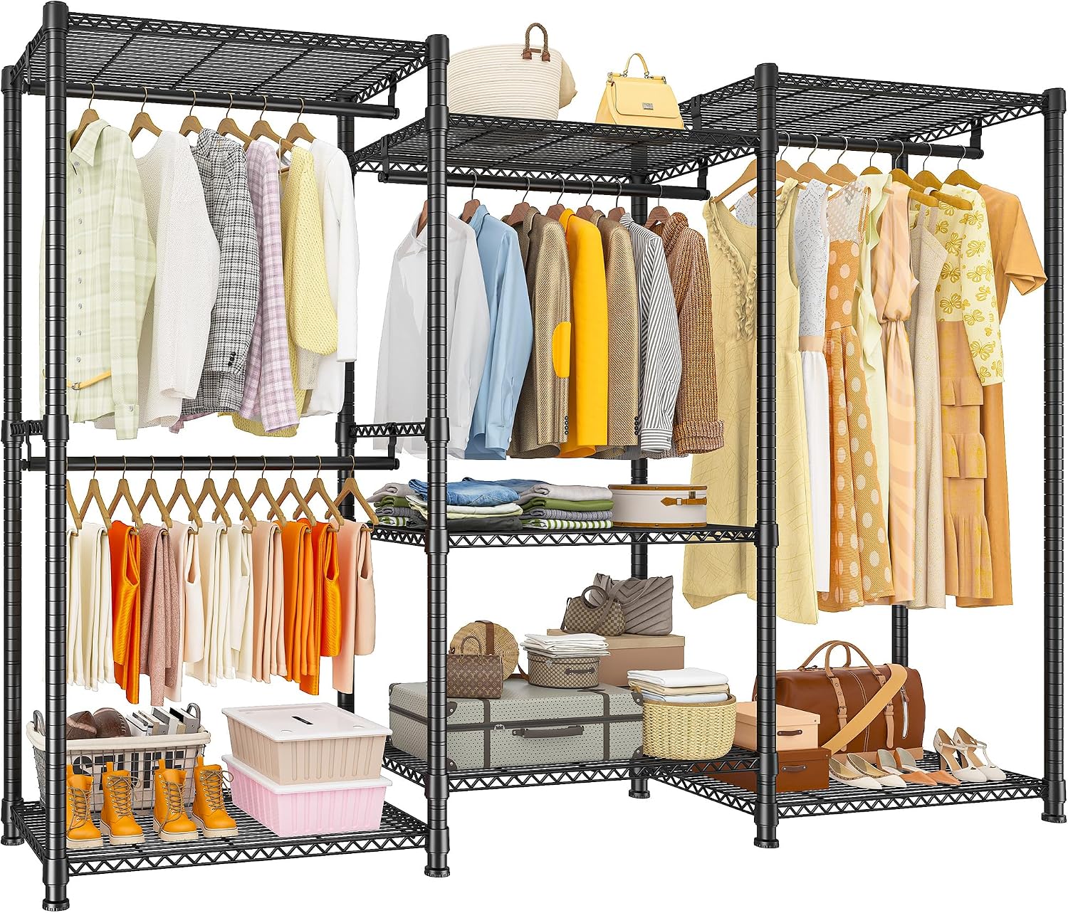 Raybee Clothes Rack Load 900Lbs, Heavy Duty Clothing Rack for Hanging Clothes Freestanding Portable Closet 77' H x 69'' W x 16'' D,Black