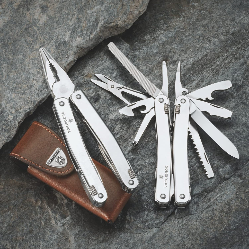 Victorinox Swiss Tool Spirit X Plus Ratchet Swiss Army Knife, 36 Function Swiss Made Multi-Tool with Needle-nose Pliers and Leather Pouch - Silver