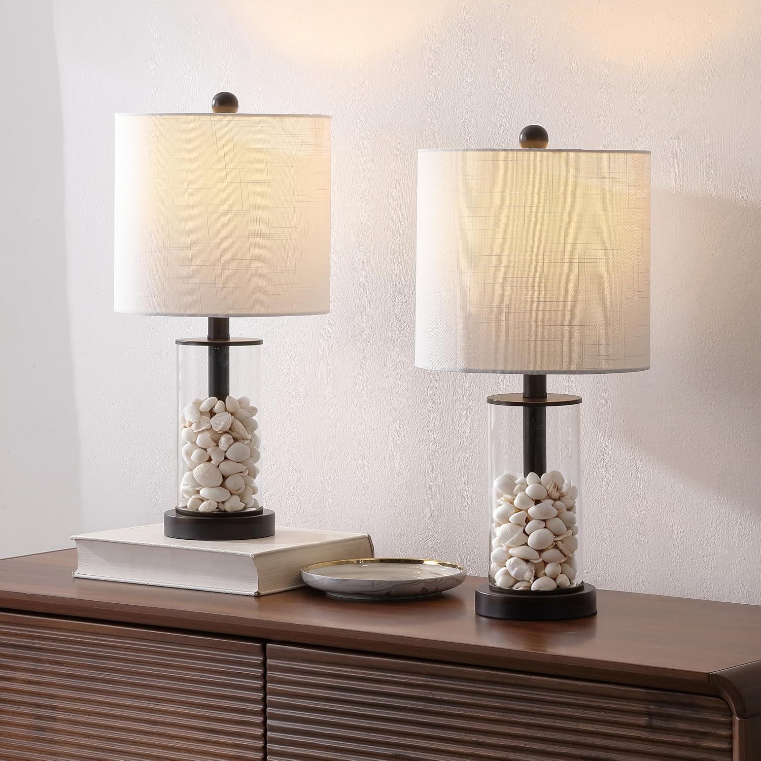 JONATHAN Y 20.5' Oil Rubbed Bronze/Clear Fillable Glass Table Lamp Set of 2, Modern Nightstand Lamps for Living Room Bedroom Office, White Linen Shade, LED Bulbs Included JYL8508A-SET2