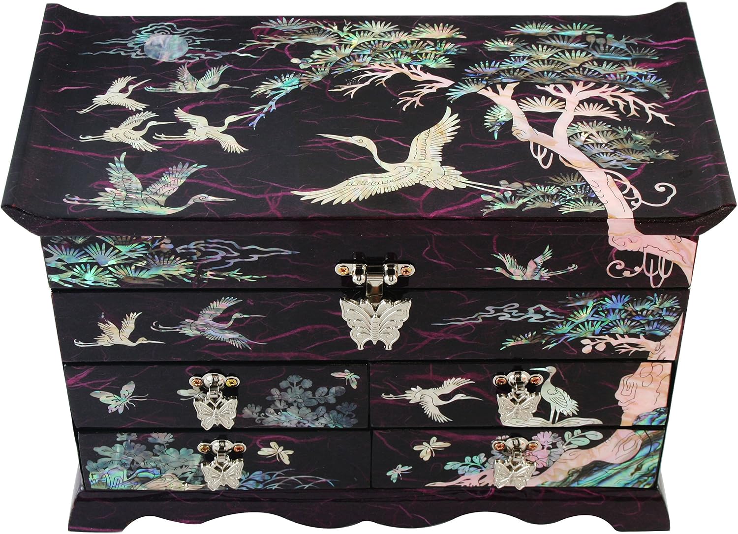 Mother of Pearl Crane and Pine Tree in Purple Mulberry Paper Design Wooden Jewelry Mirror Trinket Keepsake Treasure Gift Asian Lacquer Box Case Chest Organizer