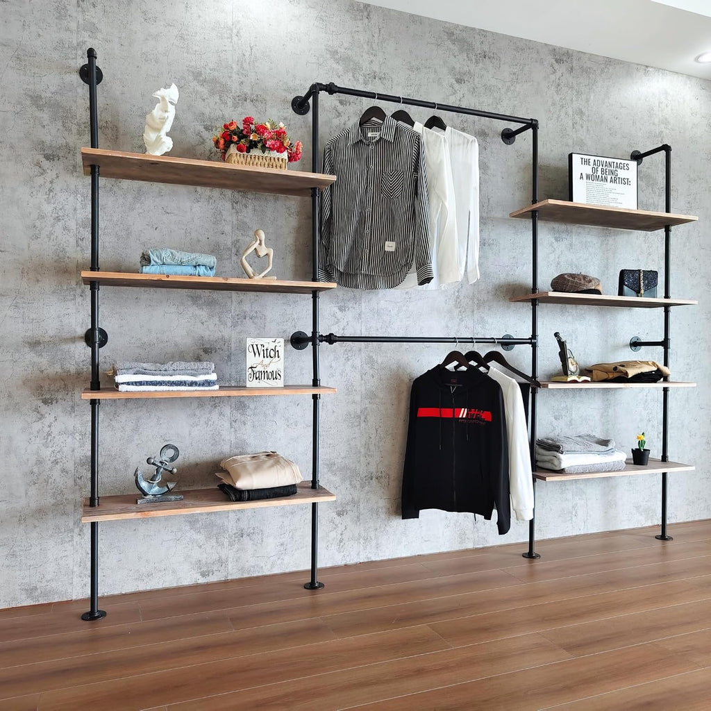 Industrial Pipe Clothing Rack Wall Mounted, DIY Custom Closet System with Shelves, Heavy Duty Garment Hanging Rack for Walk in Closet, Laundry Room, Retail Display, 14.6 x 112.6 x 82.7 in, Y03