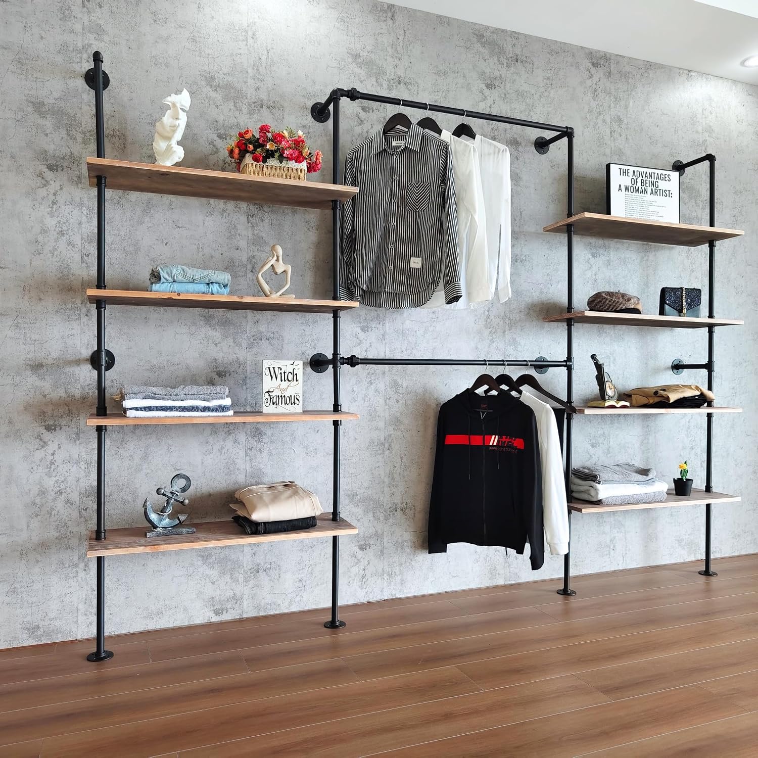 Industrial Pipe Clothing Rack Wall Mounted, DIY Custom Closet System with Shelves, Heavy Duty Garment Hanging Rack for Walk in Closet, Laundry Room, Retail Display, 14.6 x 112.6 x 82.7 in, Y03